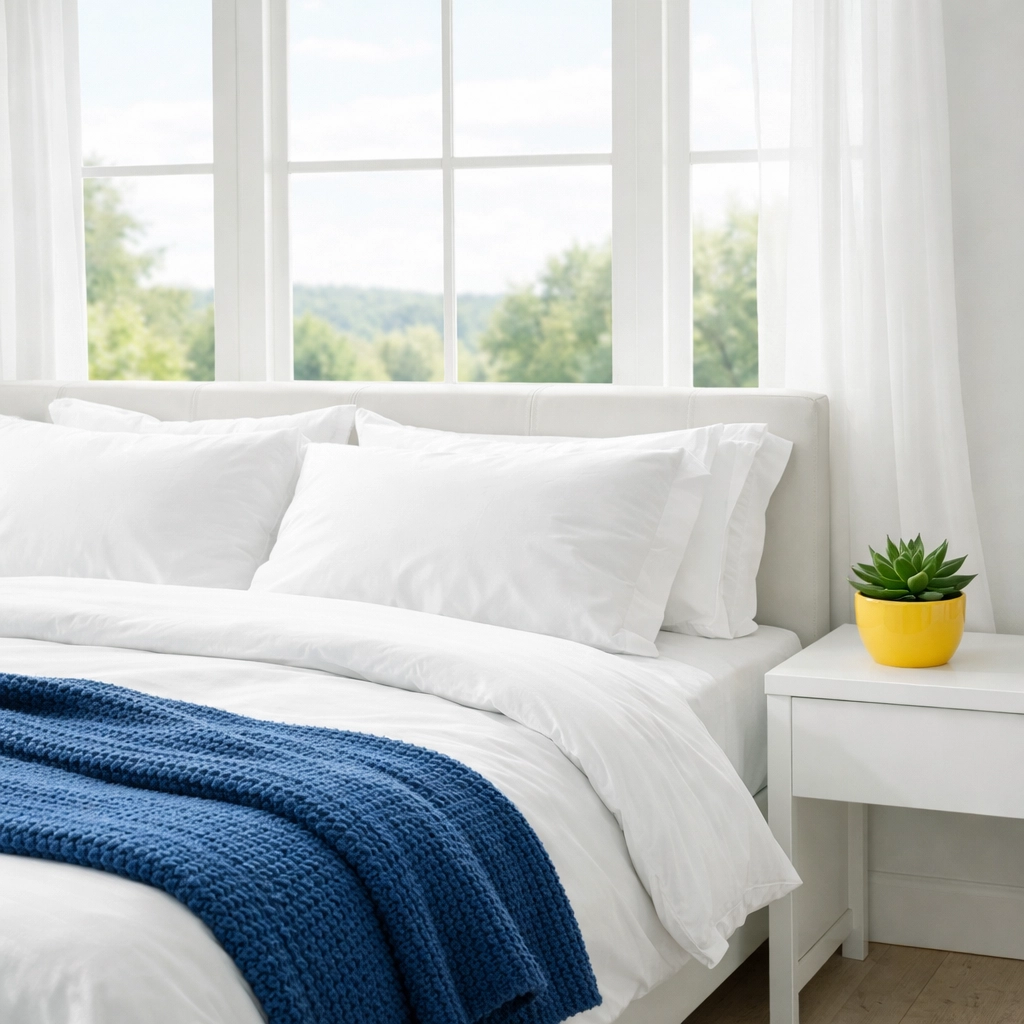 Eco-friendly house cleaning in Leominster MA promoting healthy indoor air quality in a pristine bedroom.