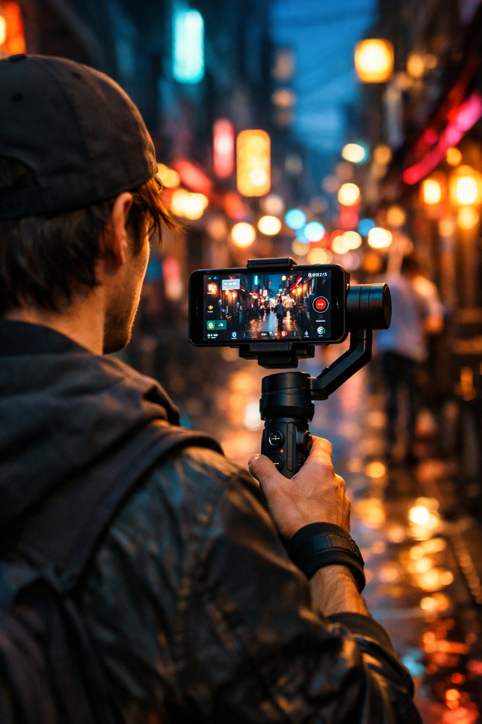 Content creator using a smartphone and gimbal to film a cinematic urban street scene.