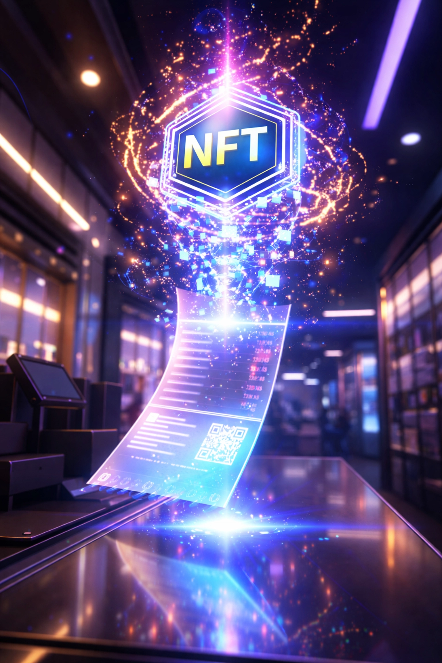 NFT receipt transforming into a digital token, illustrating Larecoin's permanent blockchain transaction records for merchants
