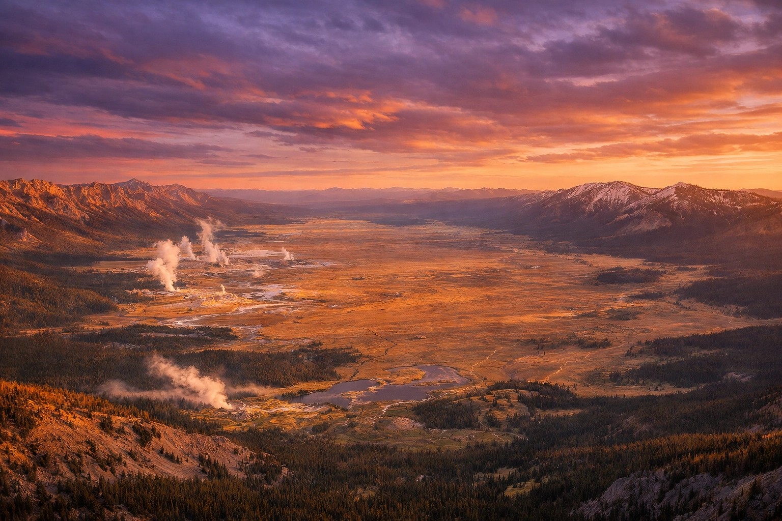 Aerial view of Yellowstone caldera showing the massive volcanic crater and geothermal steam