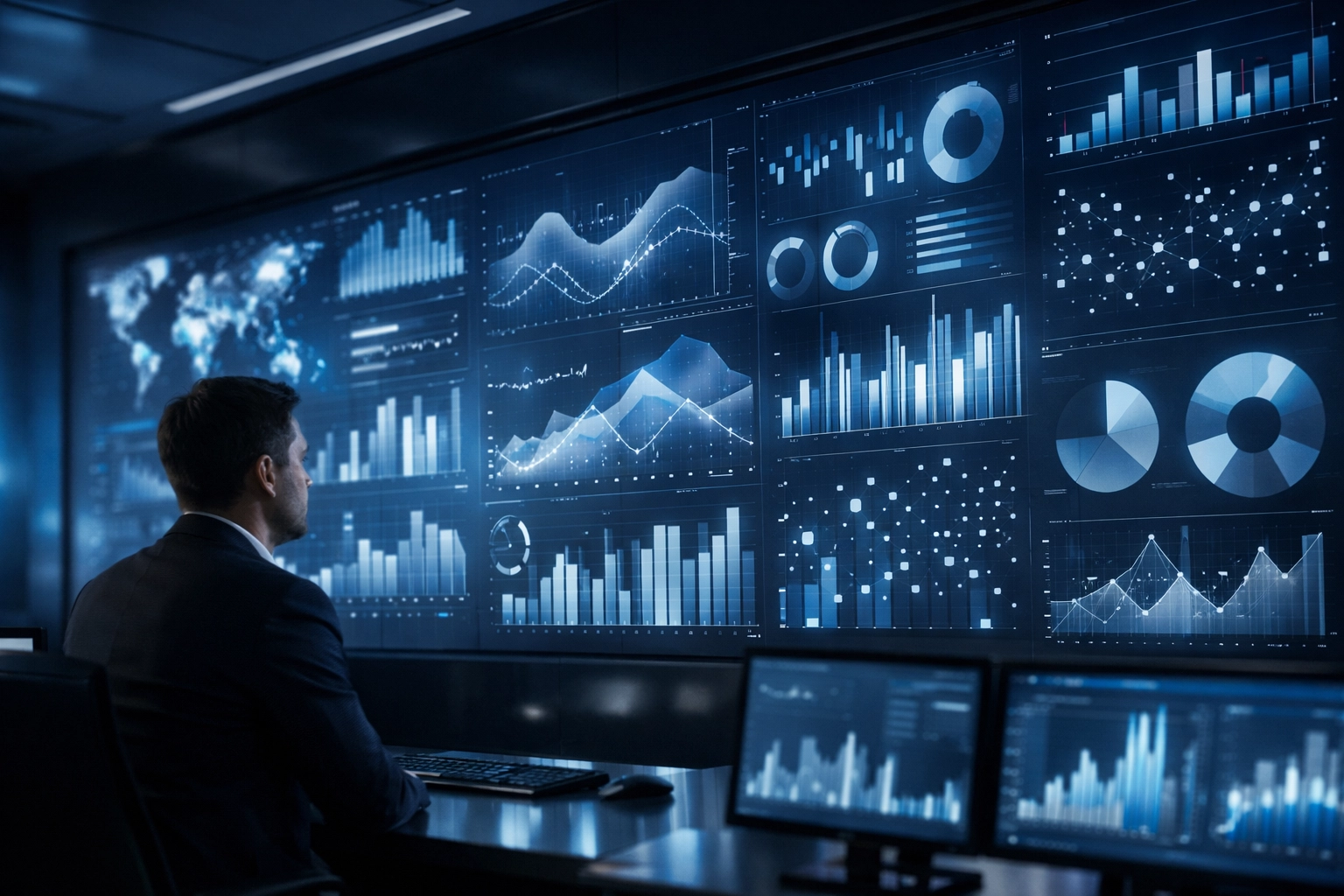 Analyzing real-time data and brand performance metrics in a high-tech media innovation command center.