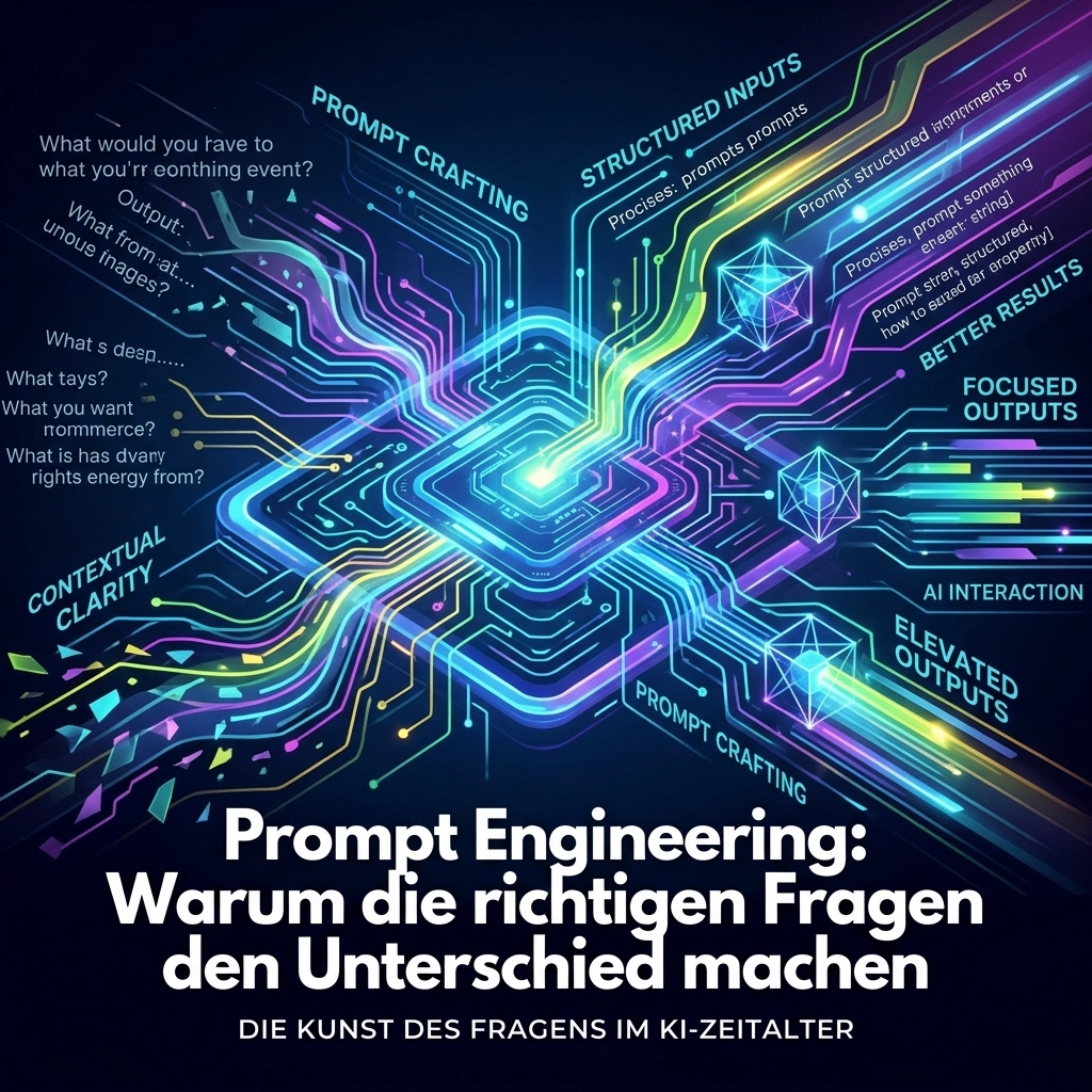 Prompt Engineering: Ein futuristischer Stab lenkt digitale Blitze auf eine Tastatur für präzise KI-Antworten. Ein Magier-Stab, der digitale Blitze auf eine Tastatur wirft (symbolisch für die 'Zauberkraft' der richtigen Prompts)