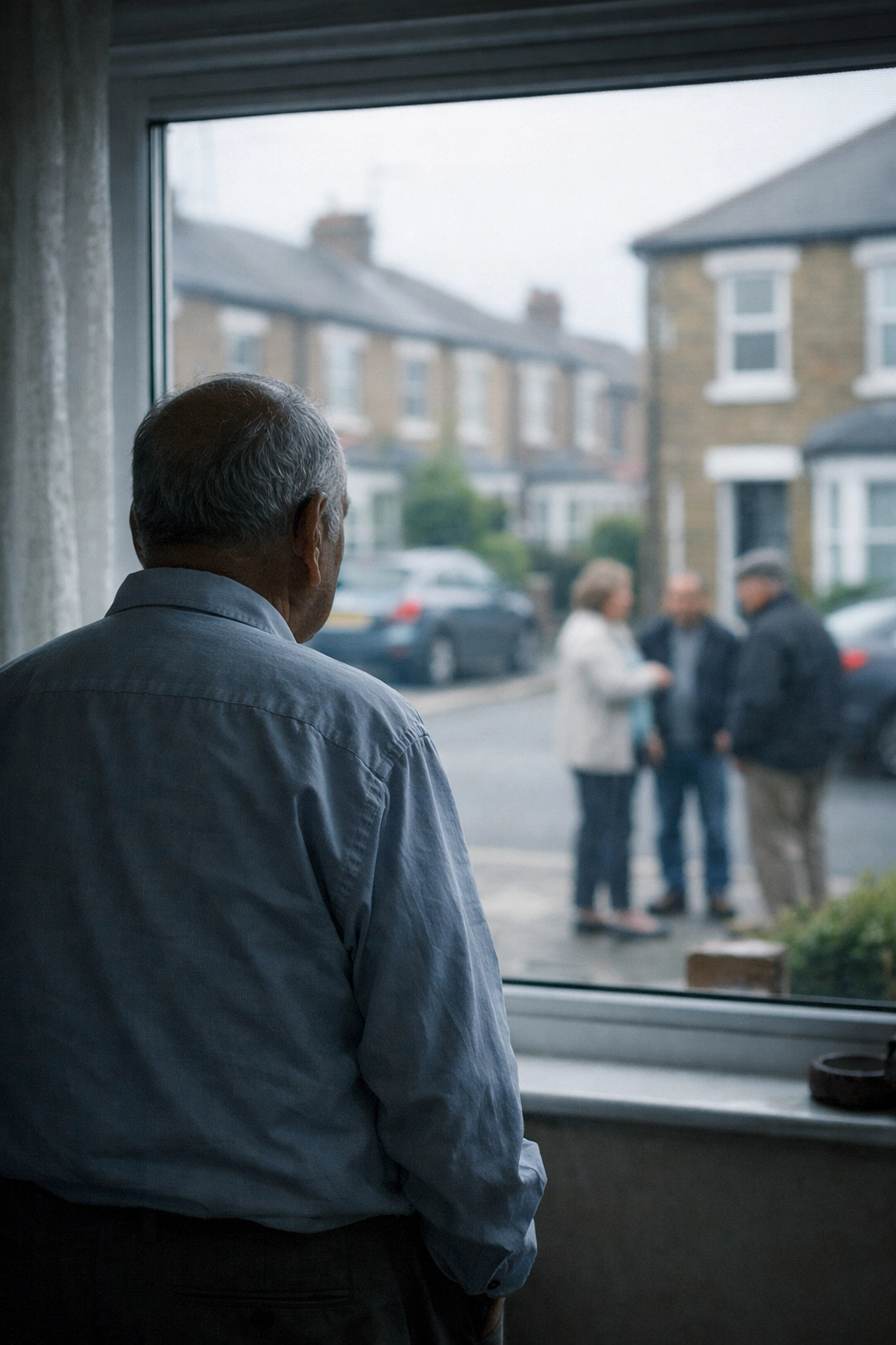 Person with COPD looking out window at neighbours, illustrating social isolation and loneliness