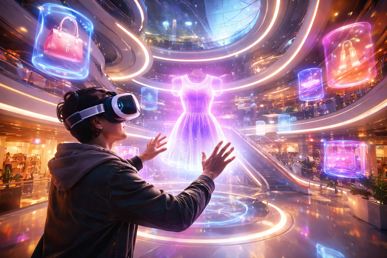 Person shopping in a VR mall with digital products, illustrating immersive metaverse shopping experiences