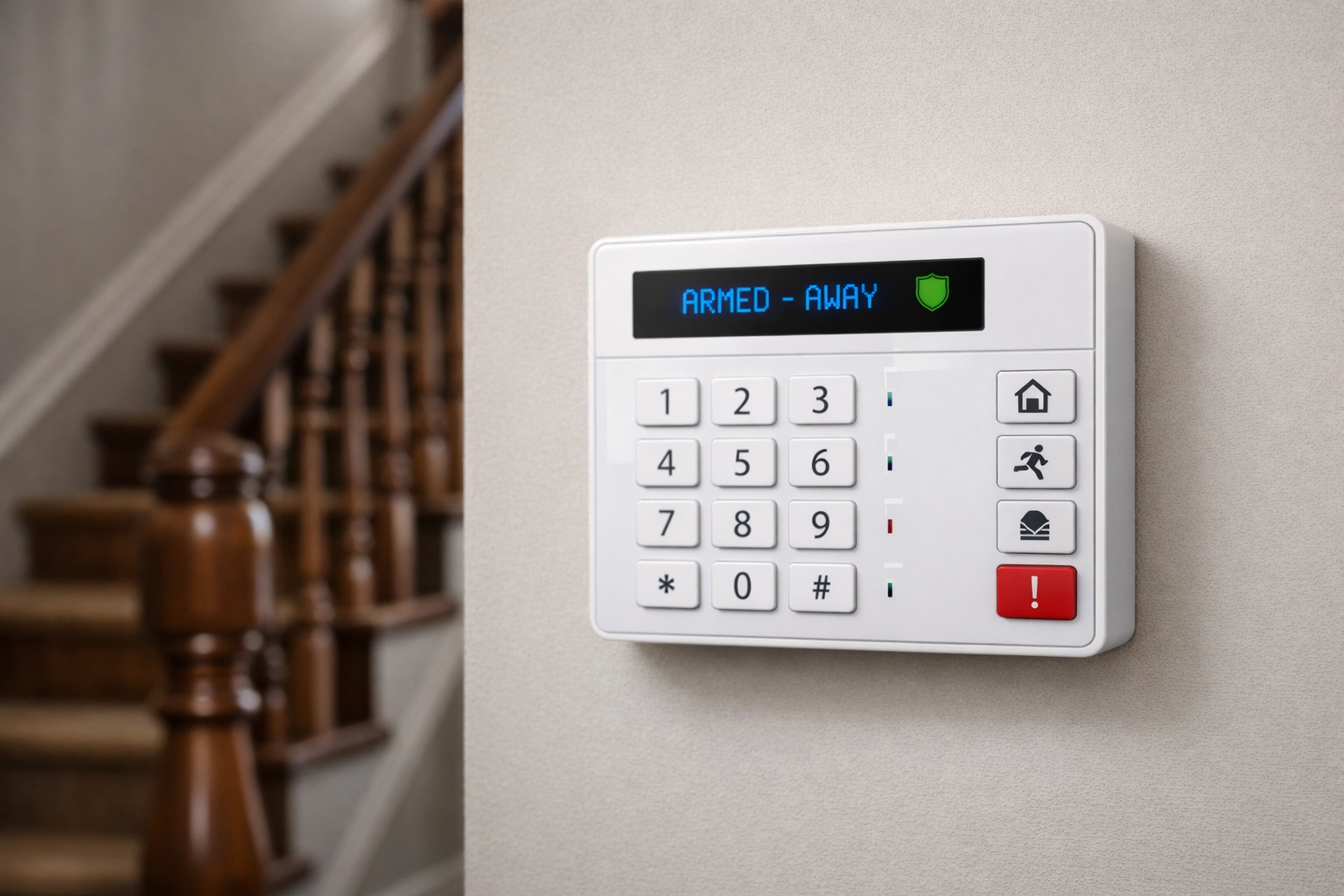 Modern white intruder alarm keypad installed in a classic British hallway in Chepstow.