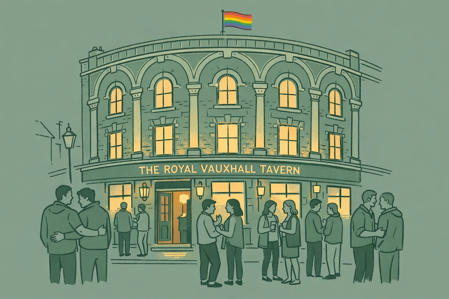 Royal Vauxhall Tavern Grade II listed LGBTQ+ venue with community gathering outside at night