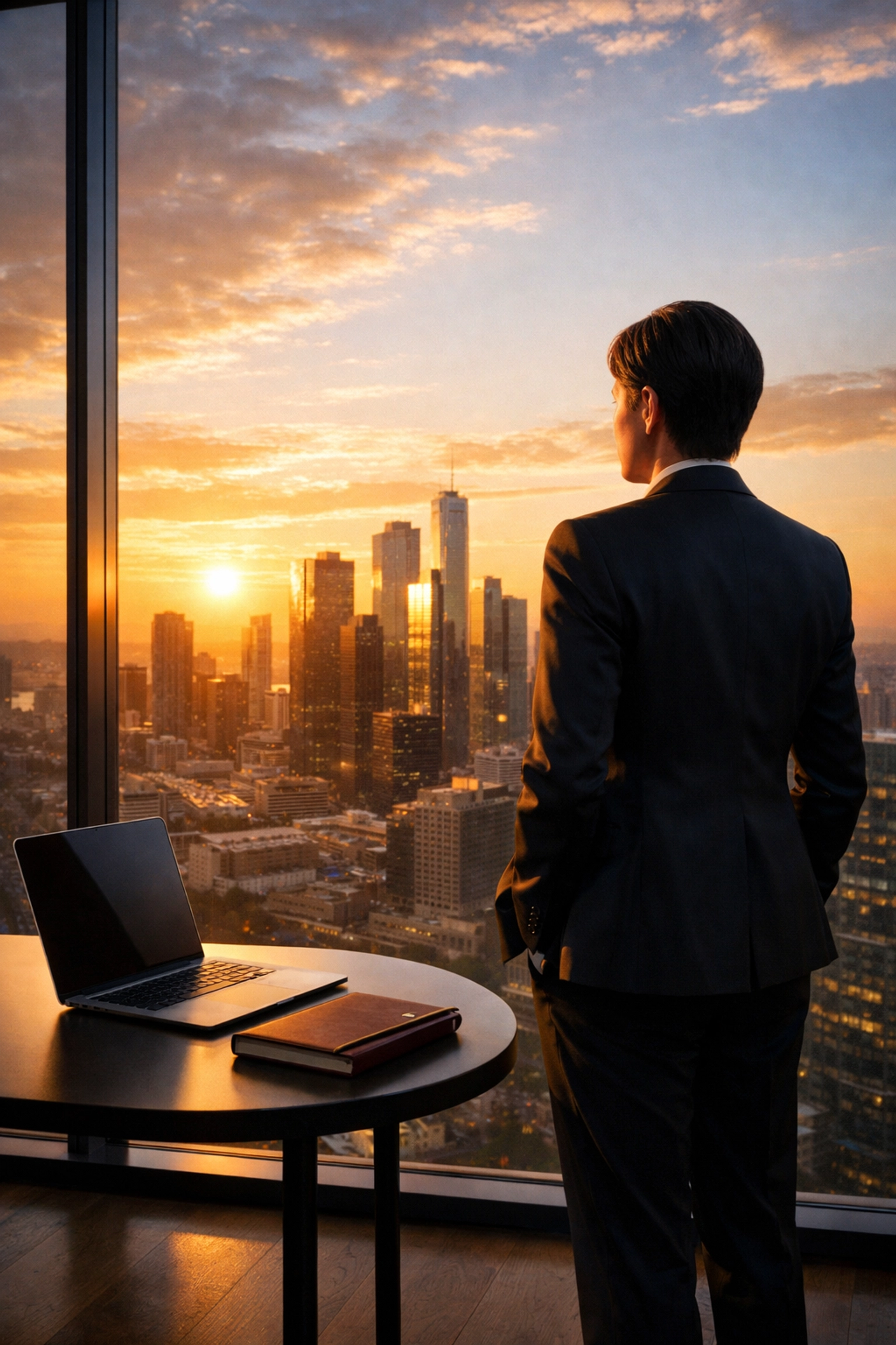 Business leader overlooking a city skyline, representing brand transformation and Super Bowl investment ROI.