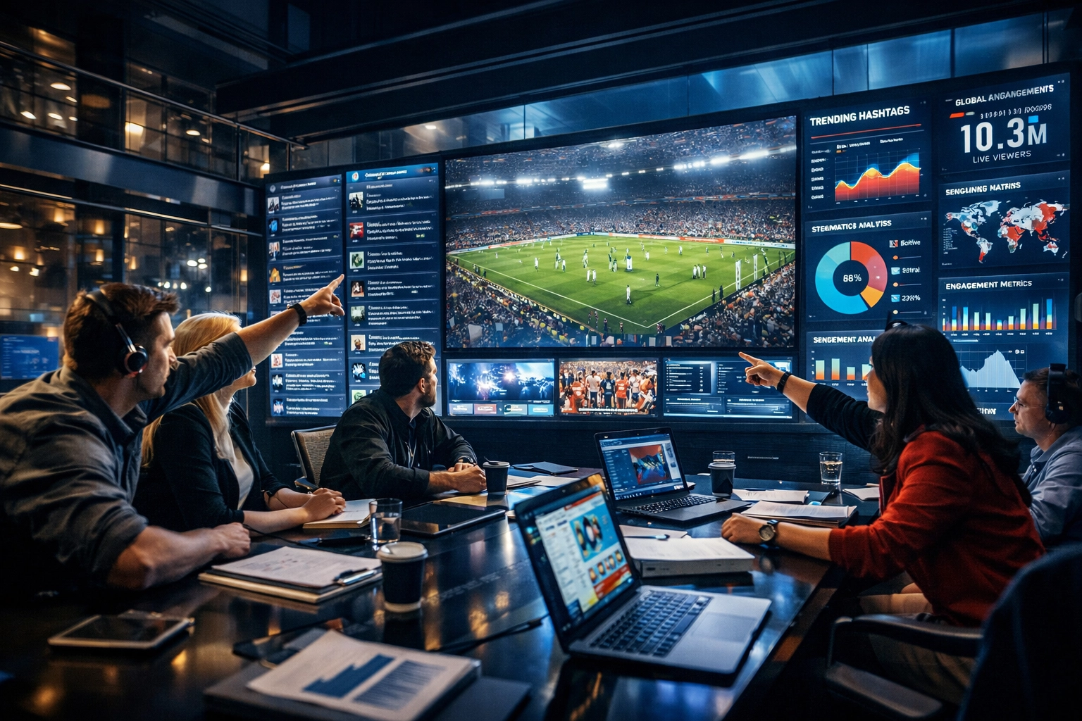 Sports marketing team in a high-tech war room monitoring real-time social media feeds and campaign performance.