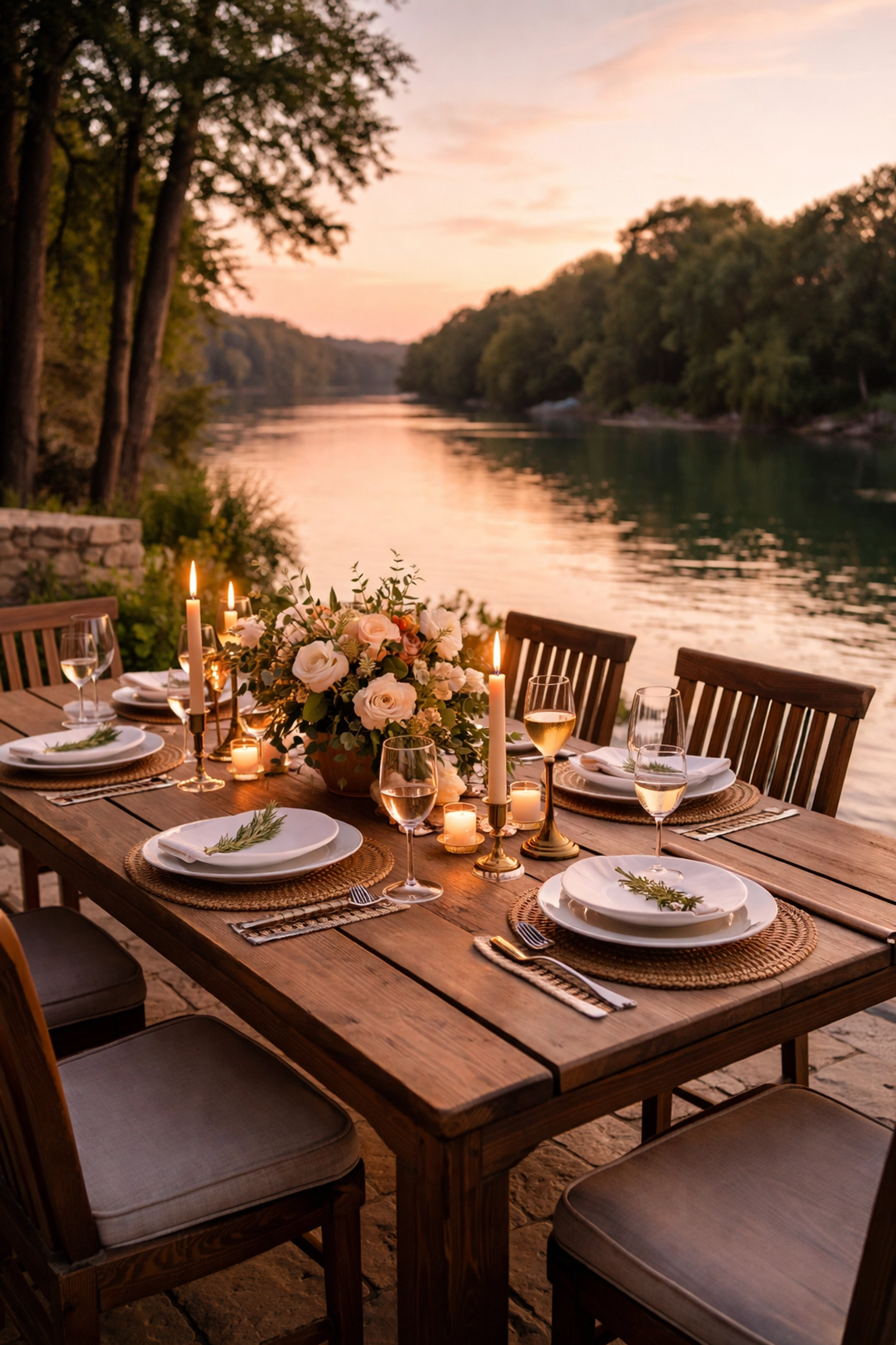 Elegant outdoor dining setup overlooking the Guadalupe River at sunset in Hill Country
