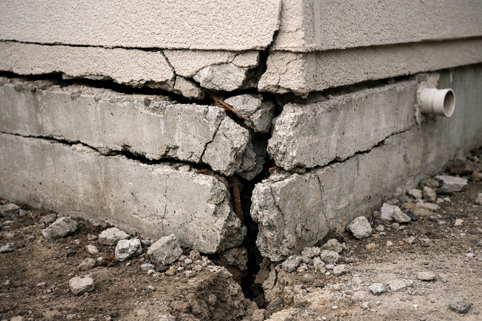 Close-up of a cracked house foundation after an earthquake, showing structural damage with no people present.