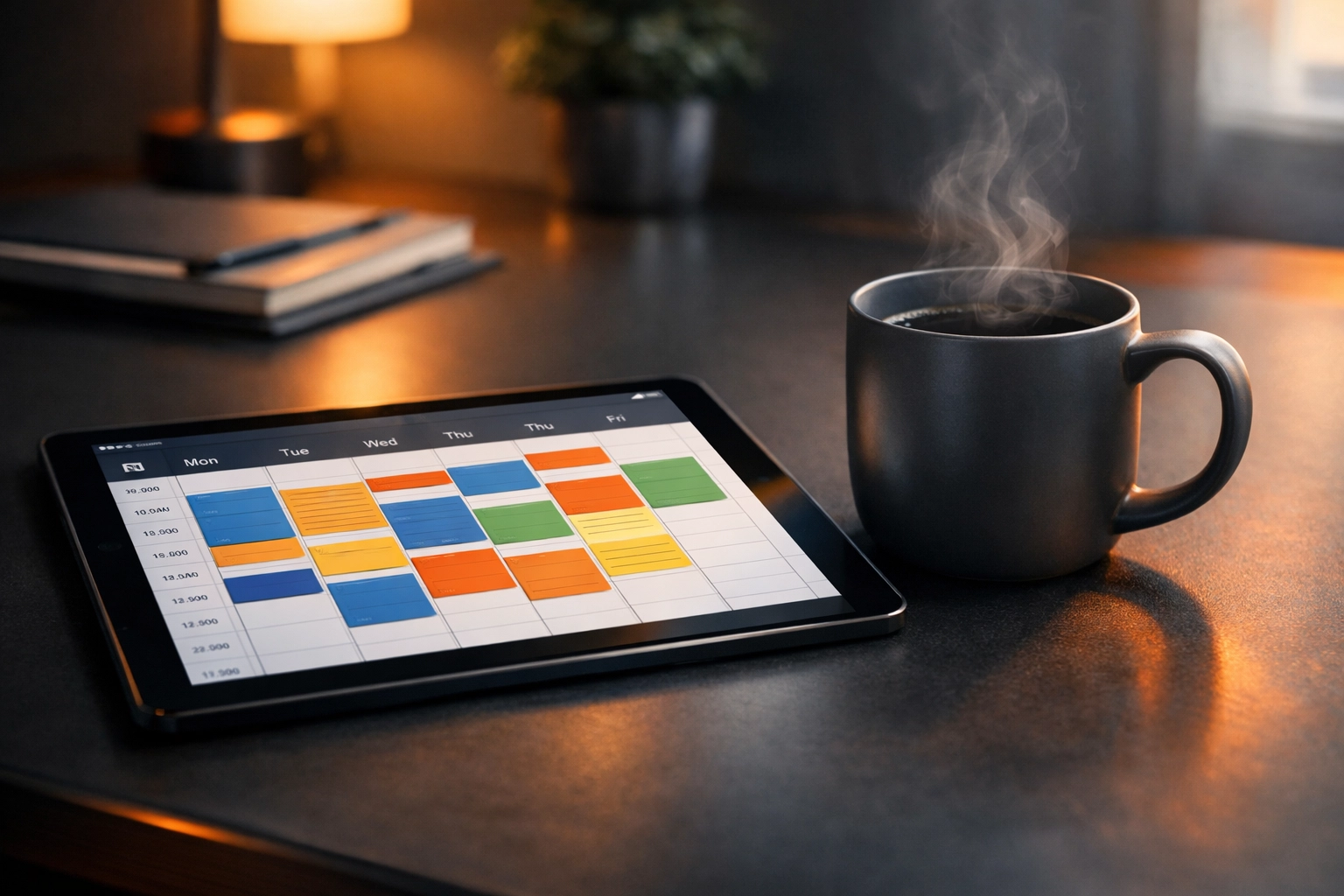 Tablet con calendario digital organizado por bloques de tiempo para gestión empresarial.