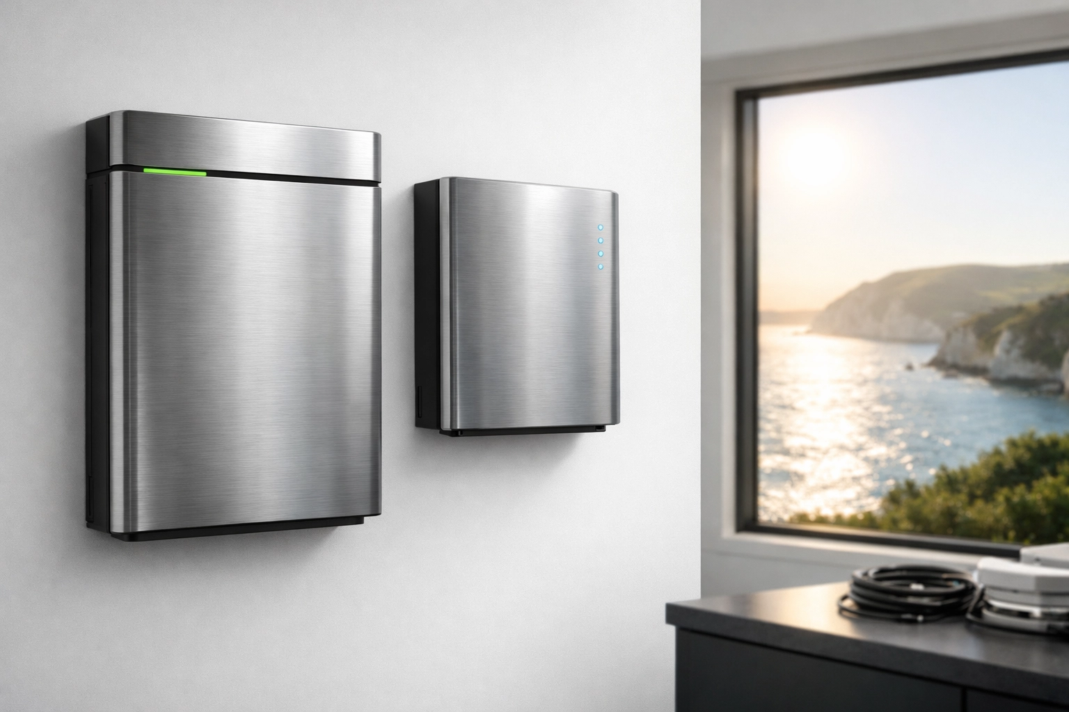 Modern business energy storage batteries mounted in a commercial utility room overlooking the Dorset coast.