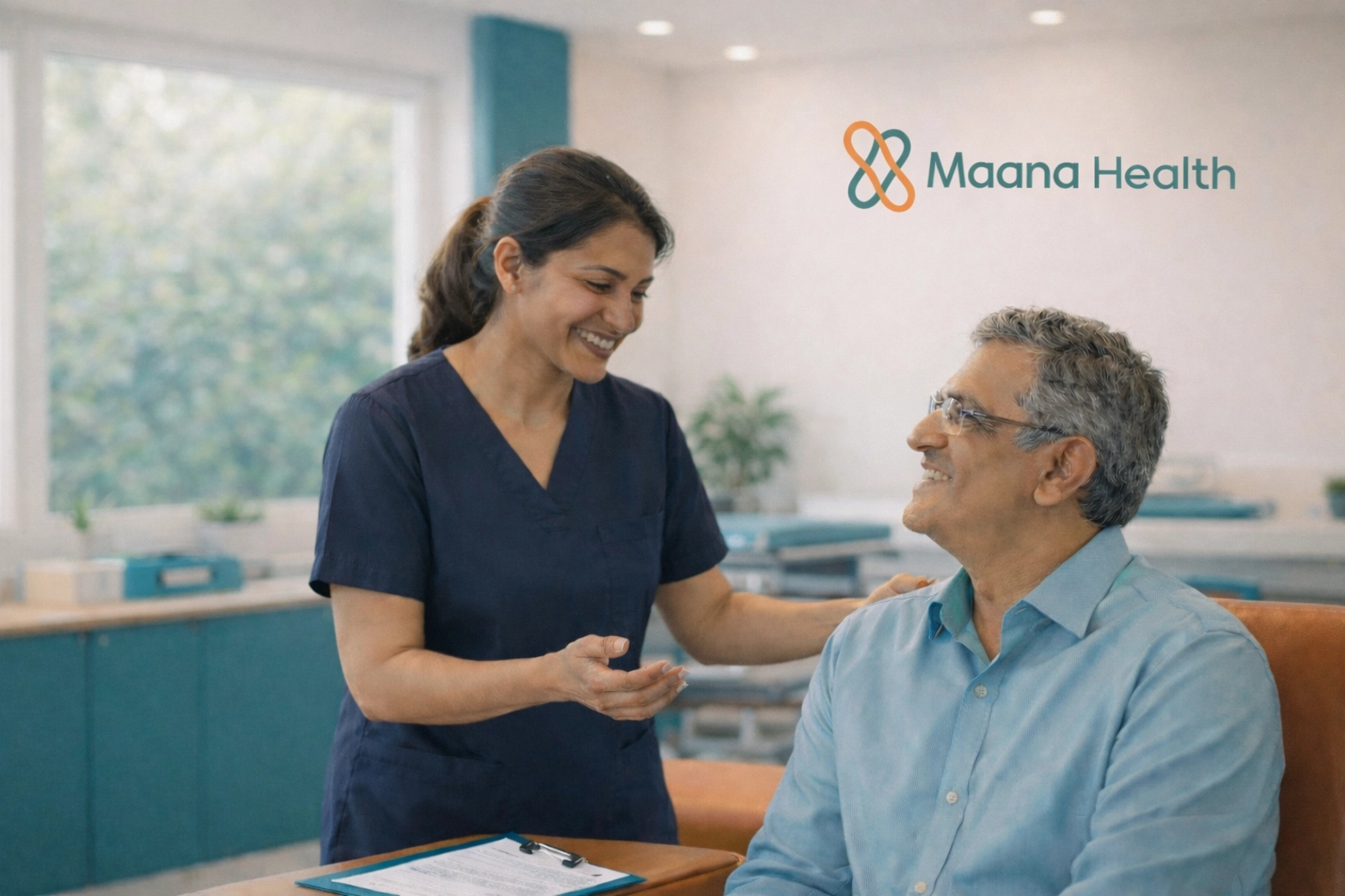 Physiotherapist in Ernakulam discussing root-cause recovery with a patient in a bright, modern rehabilitation clinic.