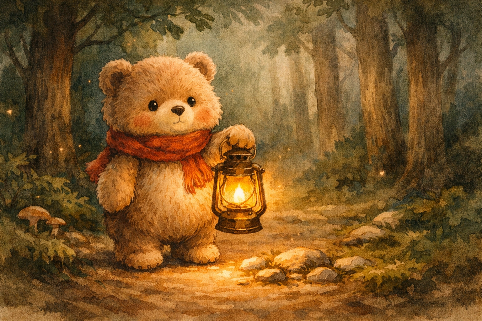 Illustration of Barnaby Bear holding a lantern on a forest path, depicting God's word as a guiding light.