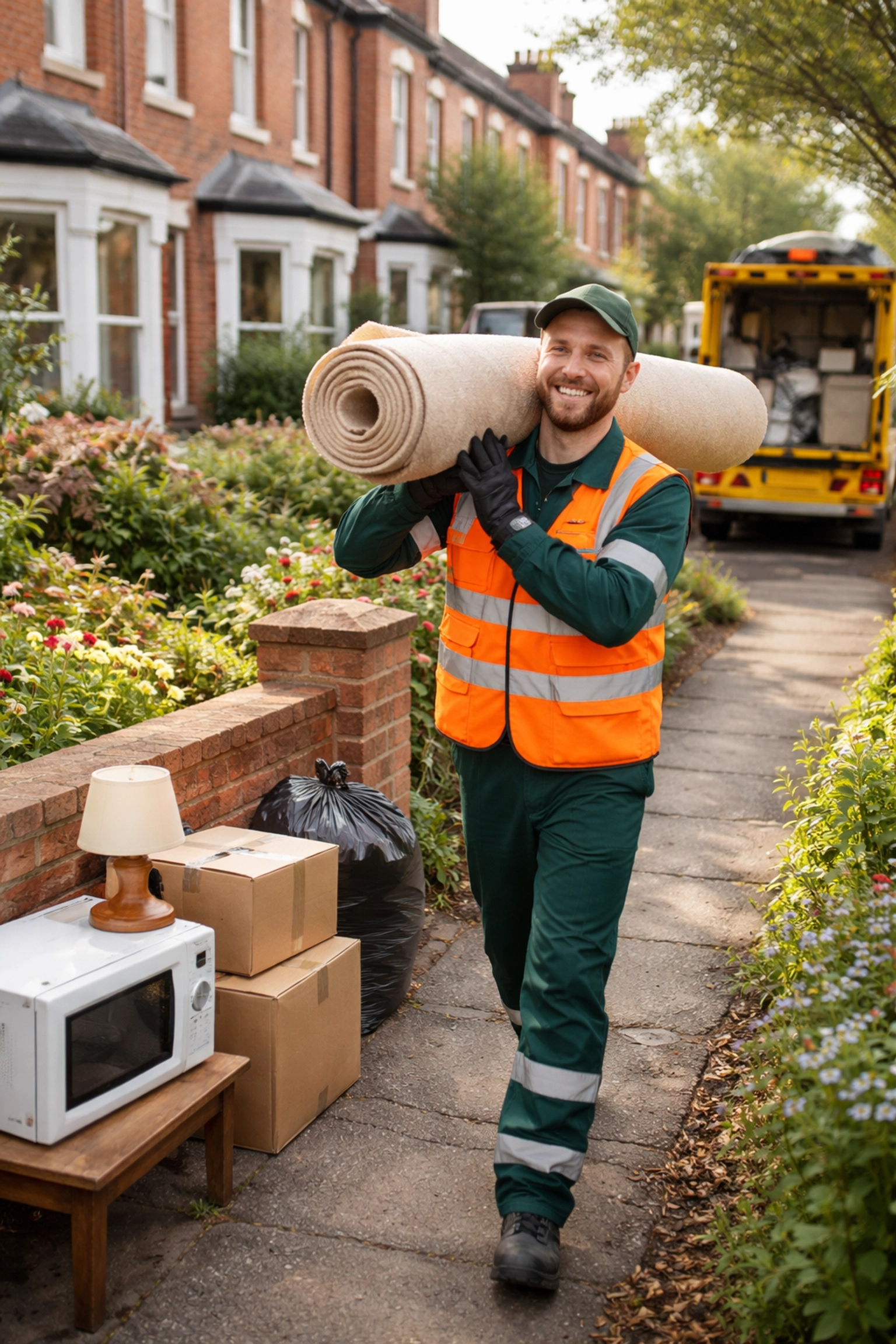 Friendly waste collection staff carrying a carpet out of a home, illustrating skip alternative service