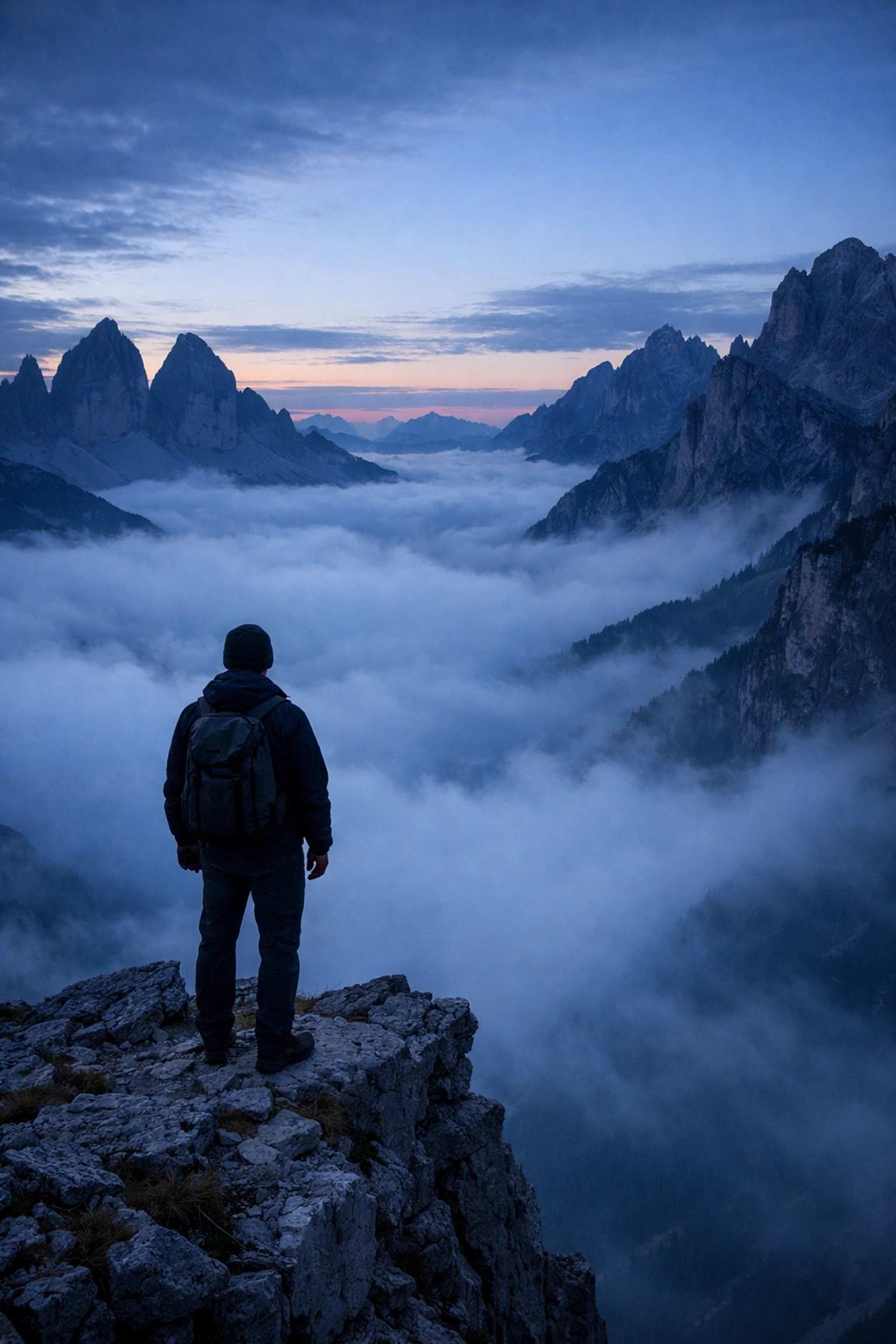 A traveler overlooks the misty Dolomites, one of the best photography locations for travel photography tips.