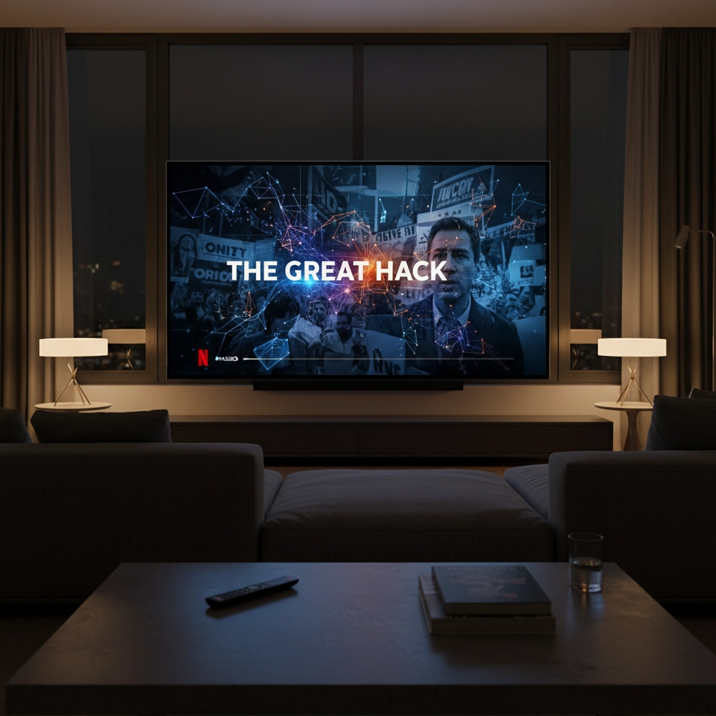 The Great Hack documentary streaming on Netflix TV screen.