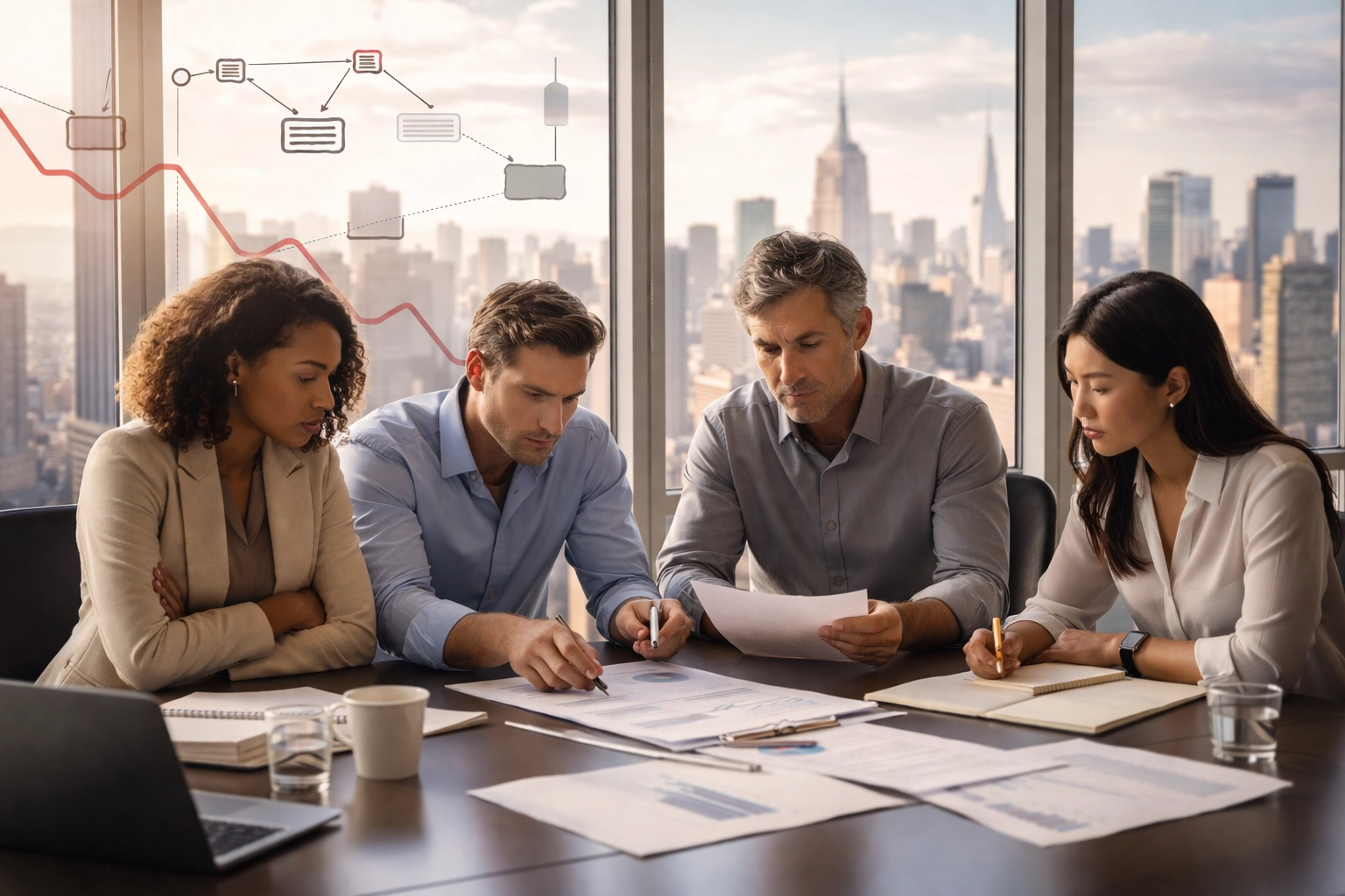 Business team in Manhattan office reviewing documents, tense atmosphere highlights accountability challenges