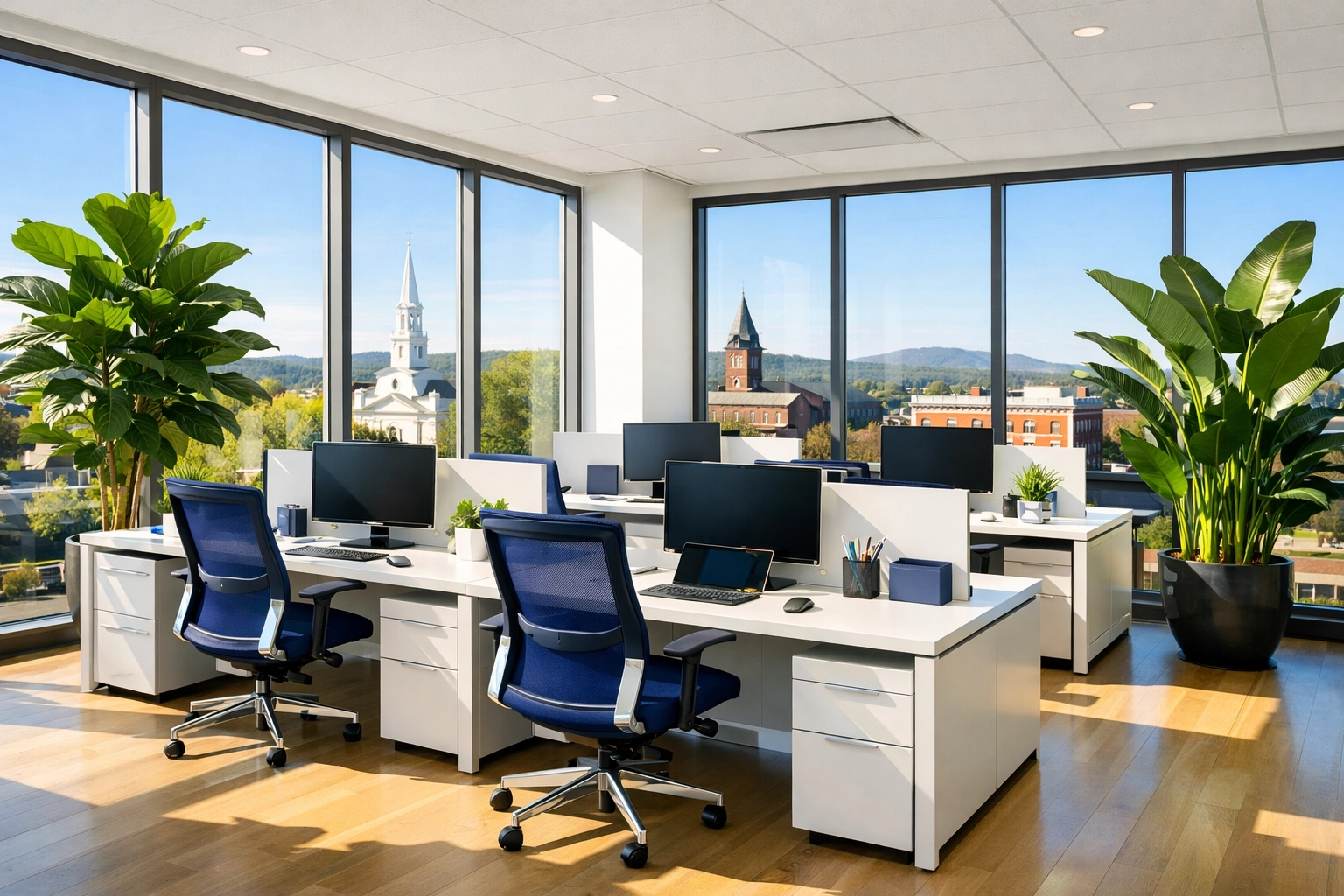 Clean office interior in Leominster showing the benefits of eco-friendly commercial cleaning for air quality.