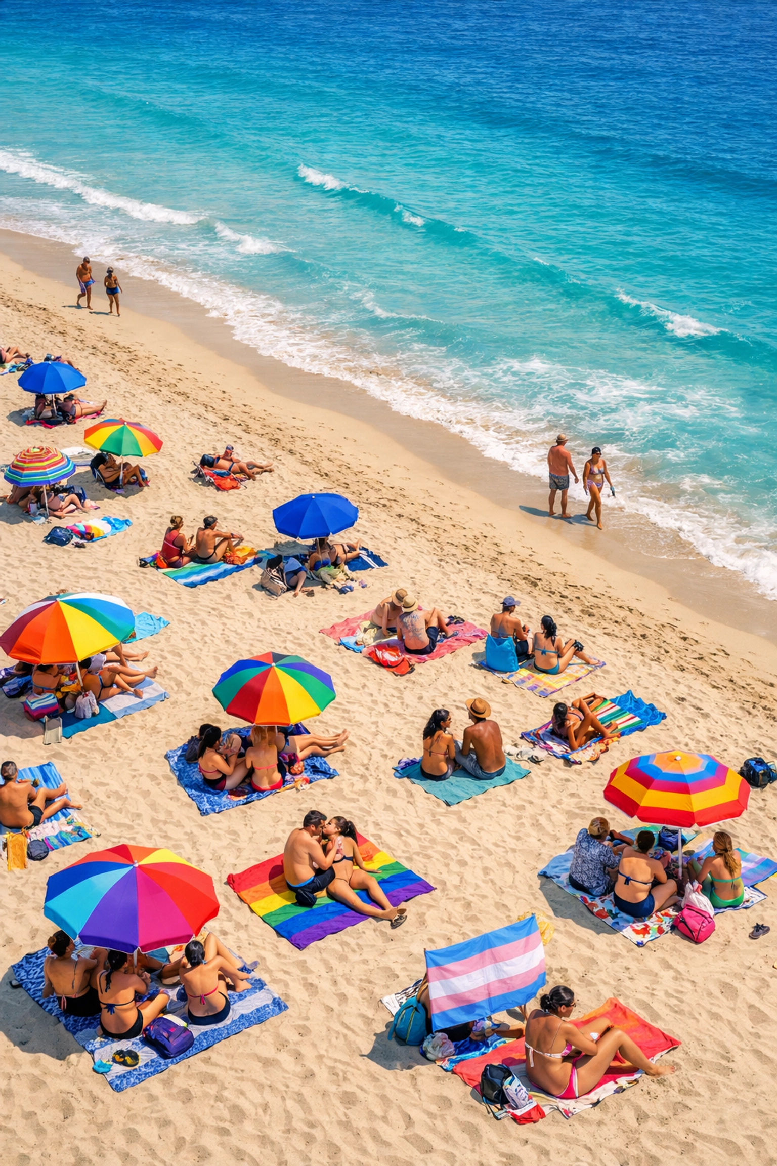 Aerial view of Haulover Beach Florida showing clothing-optional section with beachgoers and turquoise ocean