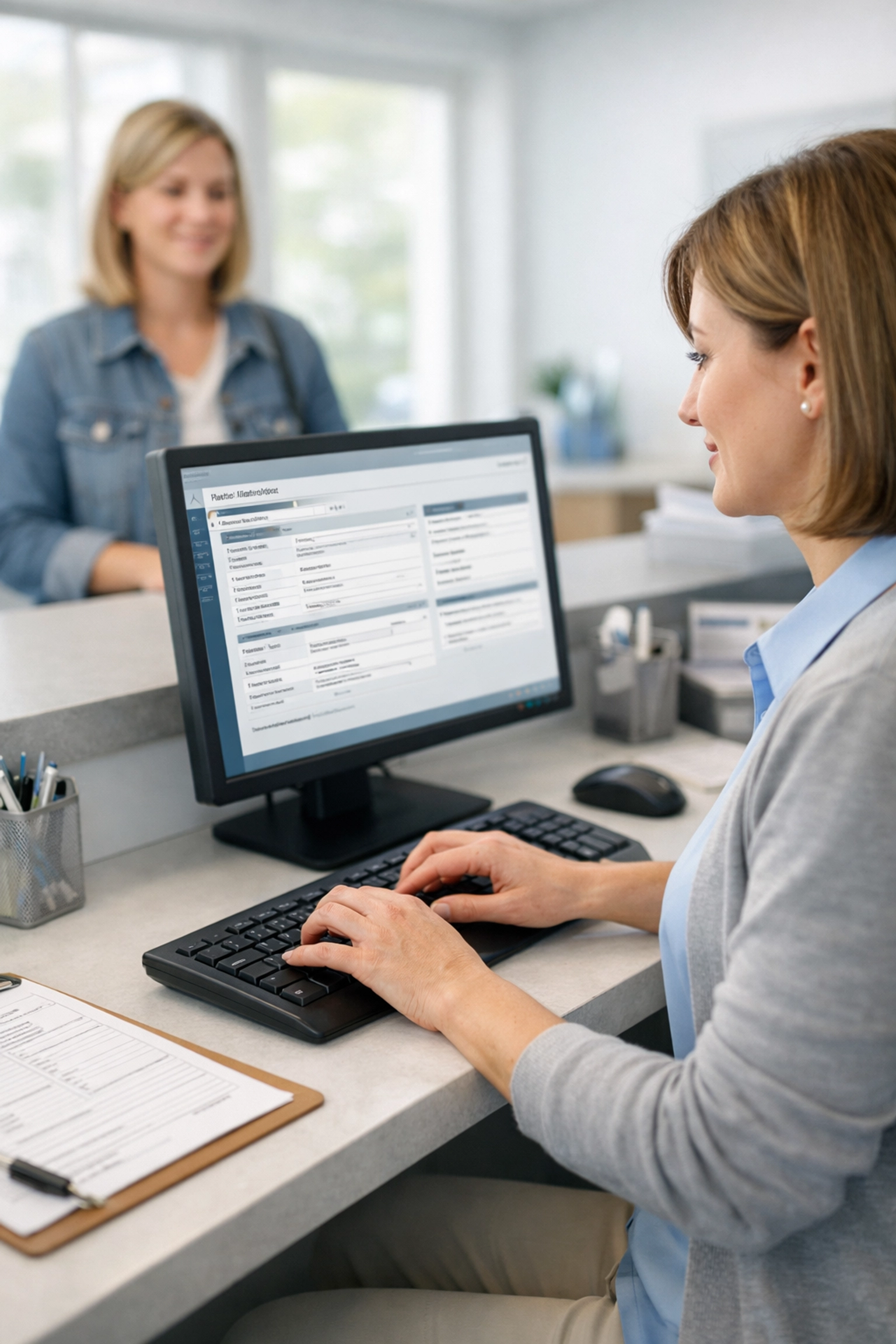 Healthcare receptionist verifying patient insurance eligibility at front desk
