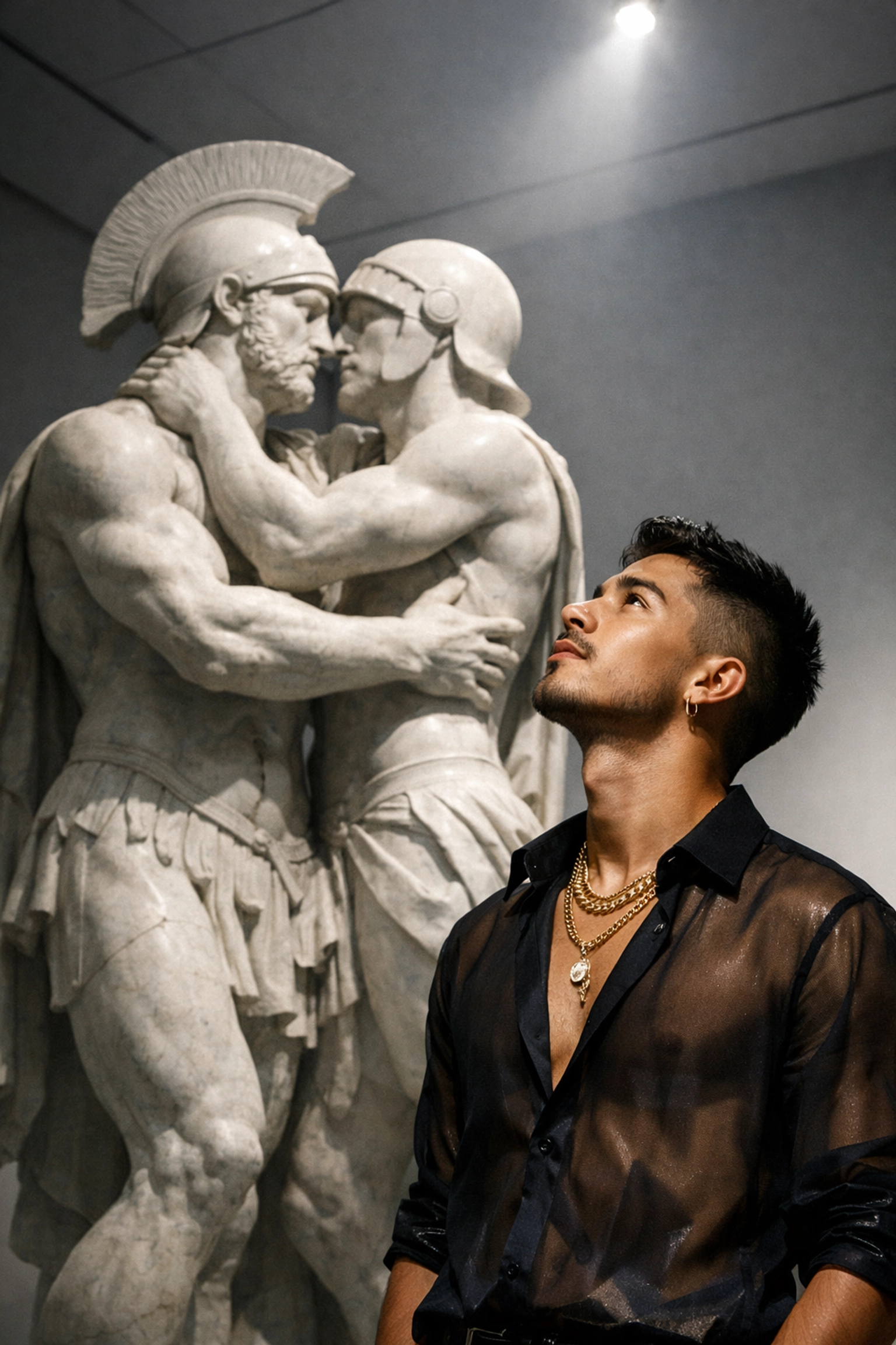 A modern gay man admiring a sculpture of male lovers, connecting today's life to LGBTQ+ fiction.