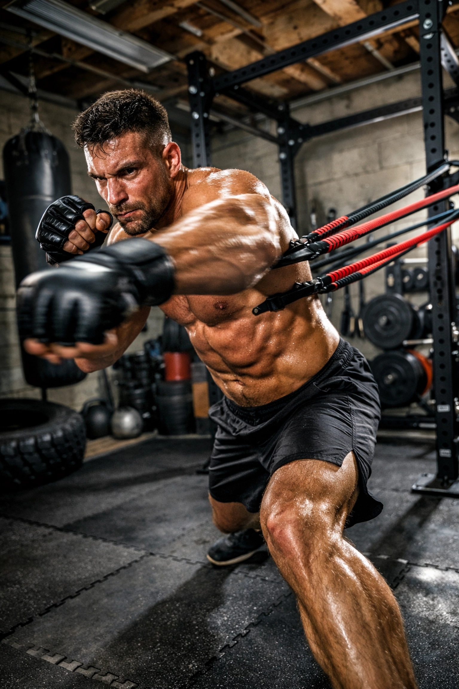 MMA athlete using heavy-duty resistance bands in a CrossFit home gym for explosive strength.