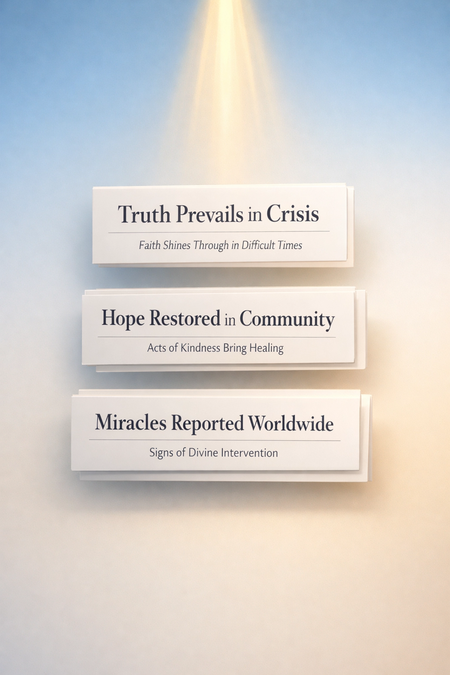 Three news headlines illuminated by biblical truth light from above