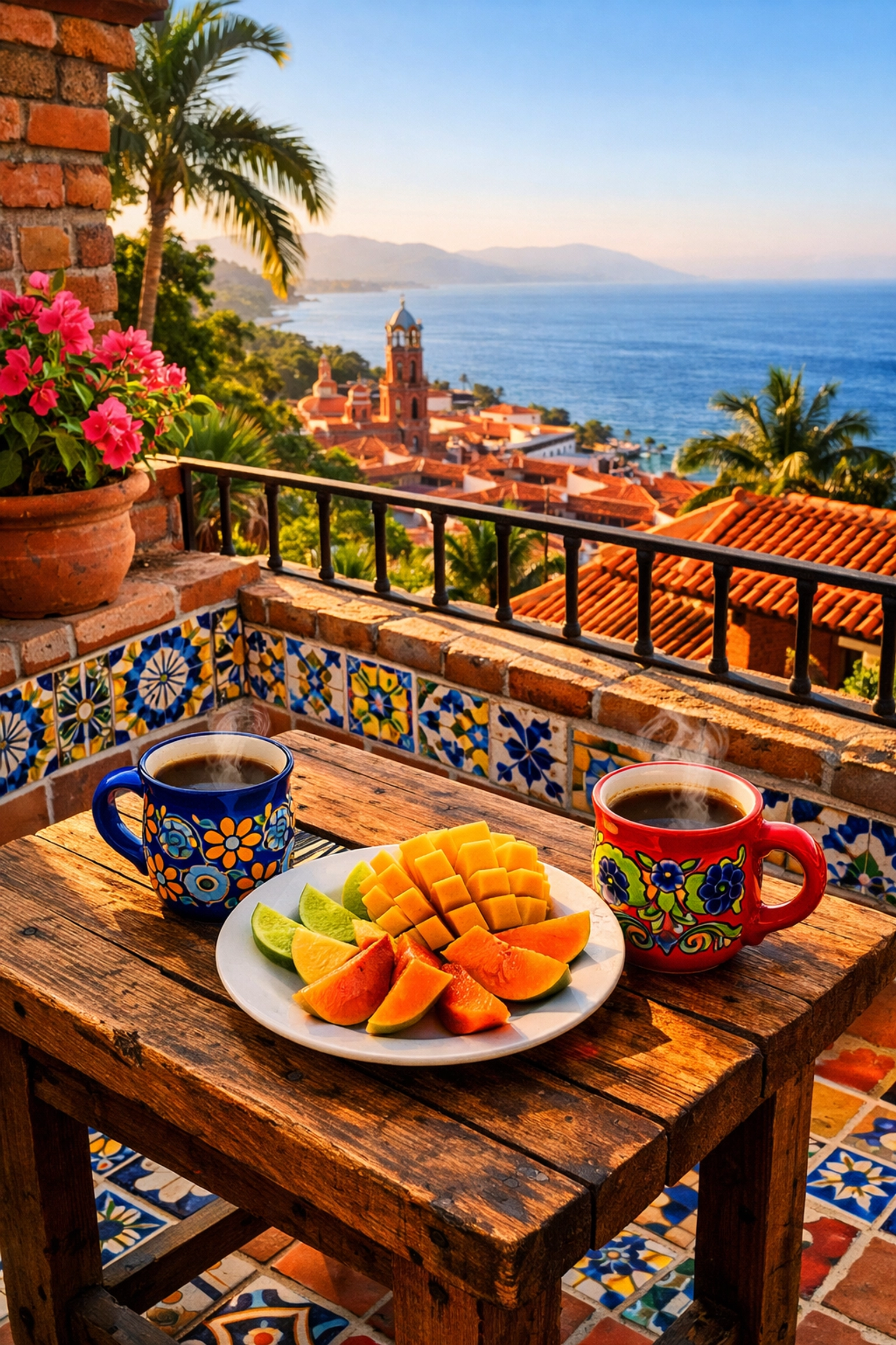 Private balcony of Puerto Vallarta apartments in Amapas with ocean views and traditional Mexican tiles.