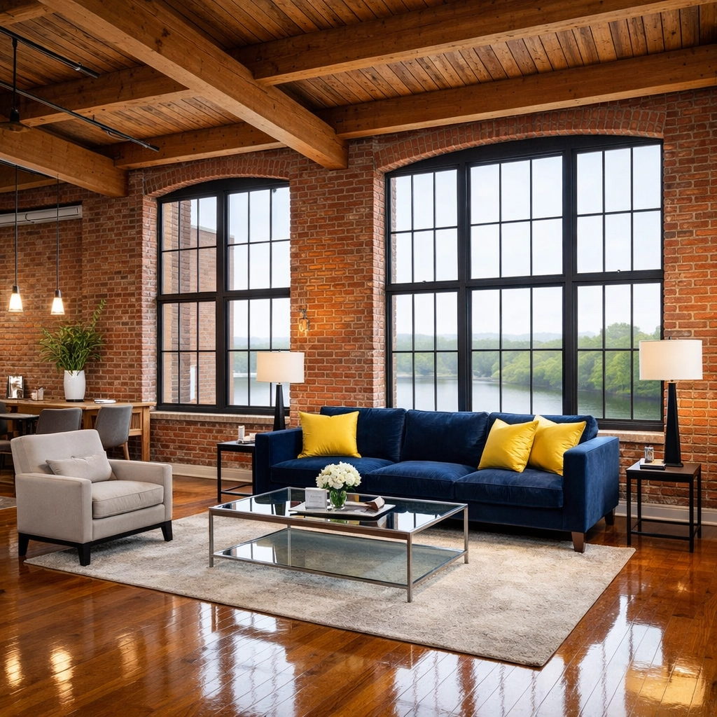 Clean luxury mill loft in Lowell MA featuring exposed brick and polished hardwood floors.