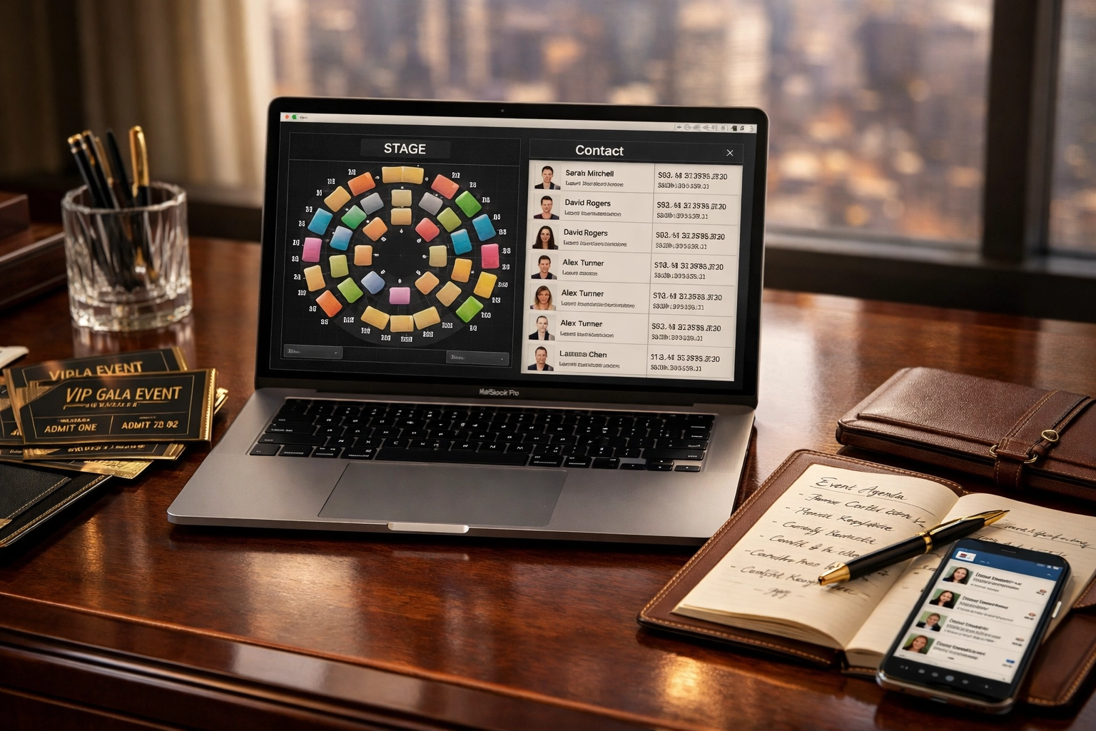 NEWSLETTER: Stop Losing Million-Dollar Deals at Super Bowl Events – Try These 7 Networking Hacks Top CEOs Use Executive desk with Super Bowl event planning materials and LinkedIn contacts for strategic networking