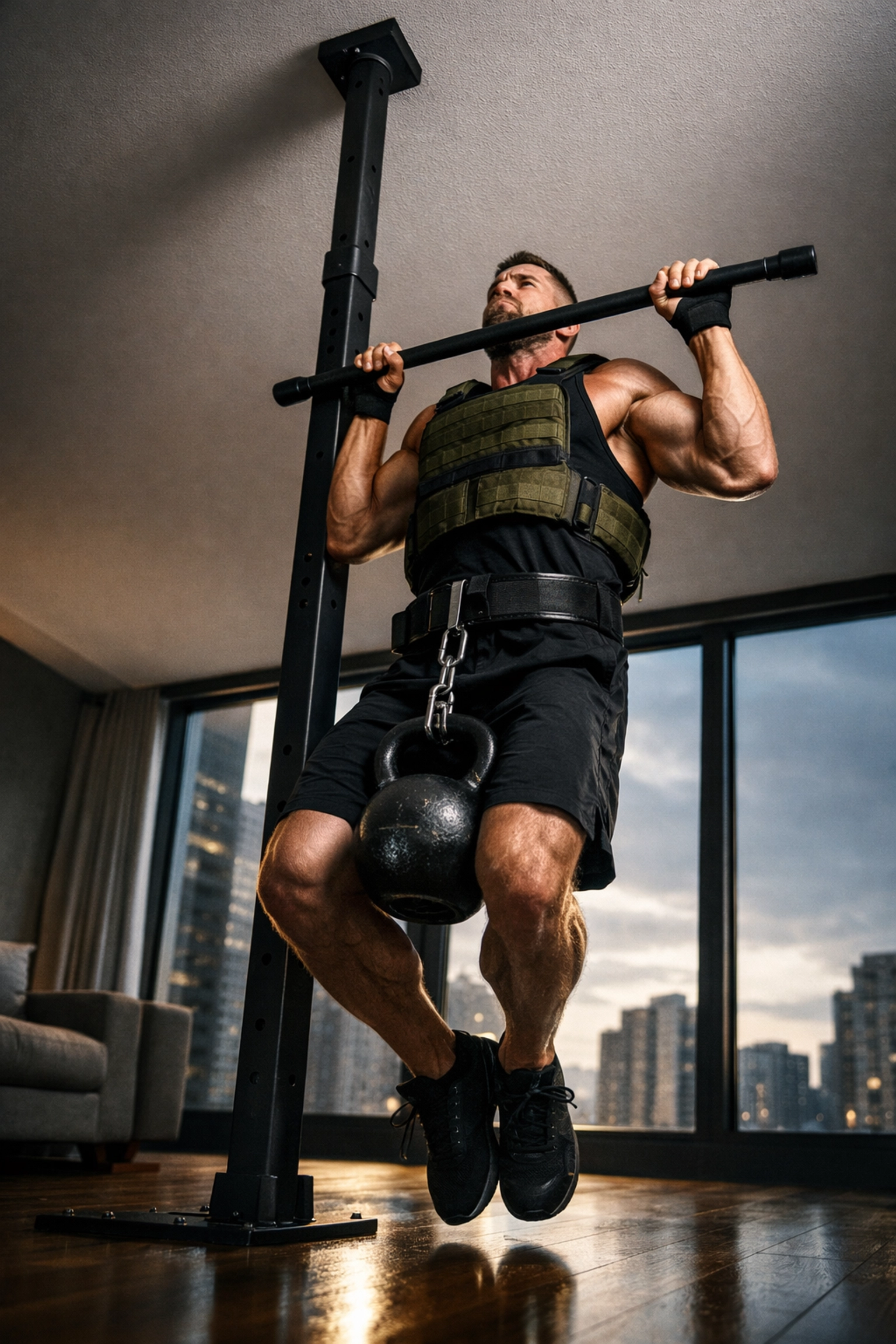 Male athlete doing weighted pull-ups on a Resistance Rail floor to ceiling gym system without wall damage.