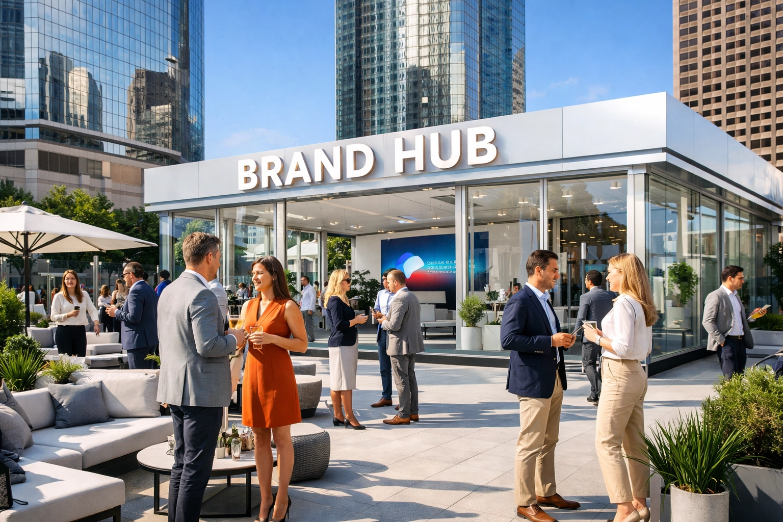 PRESS RELEASE: 7 Mistakes You’re Making with Super Bowl Brand Visibility (And How USA Entertainment Travel Fixes Them Instantly) High-end corporate brand hub activation with executives networking at a Super Bowl event.