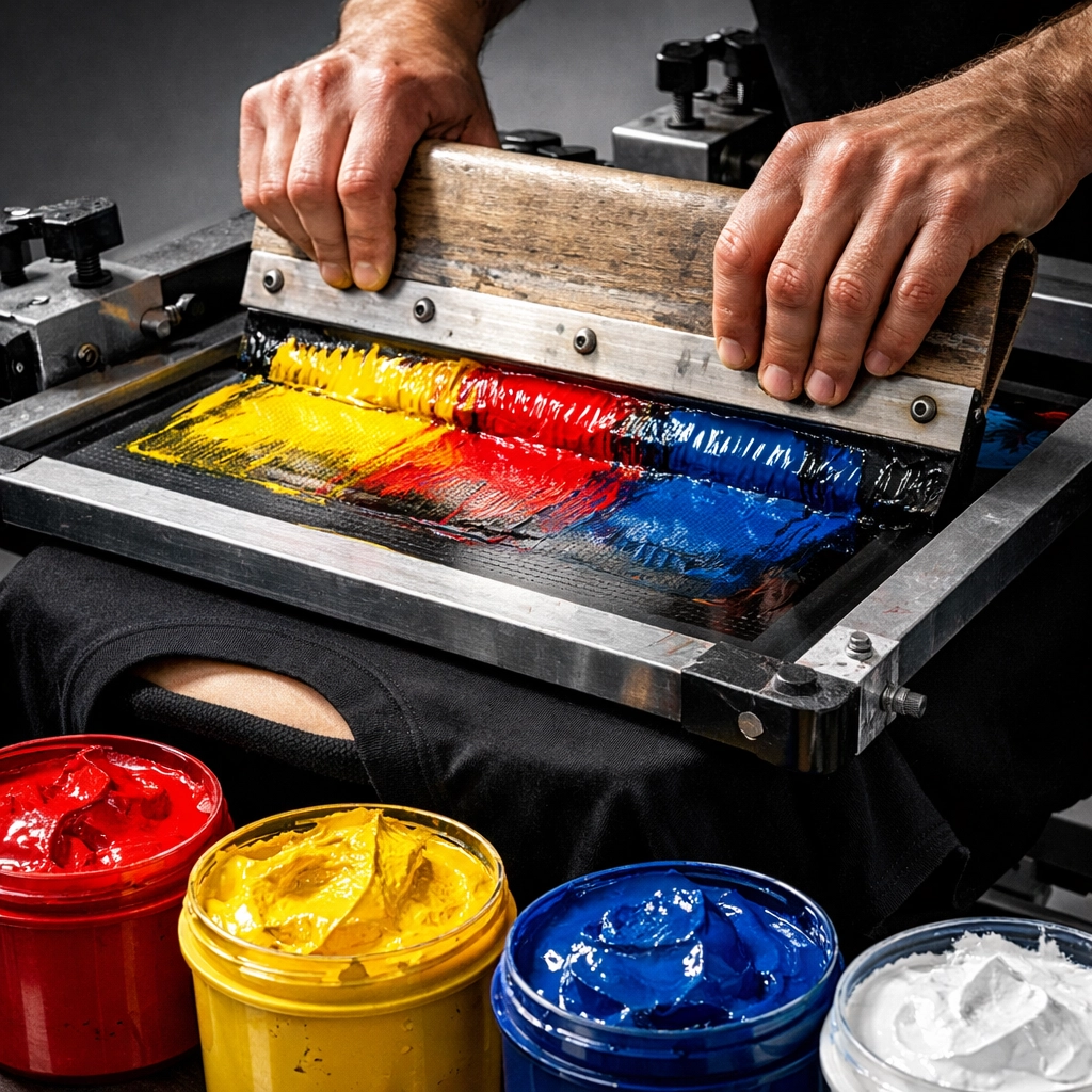 Silk screen printing process with colored inks on custom t-shirt