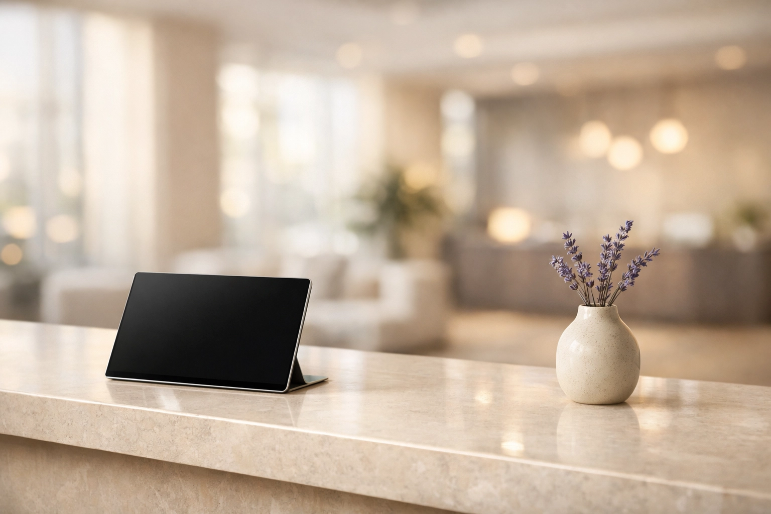 Modern hotel reception desk with a tablet highlighting efficient cloud-native hotel PMS automation.