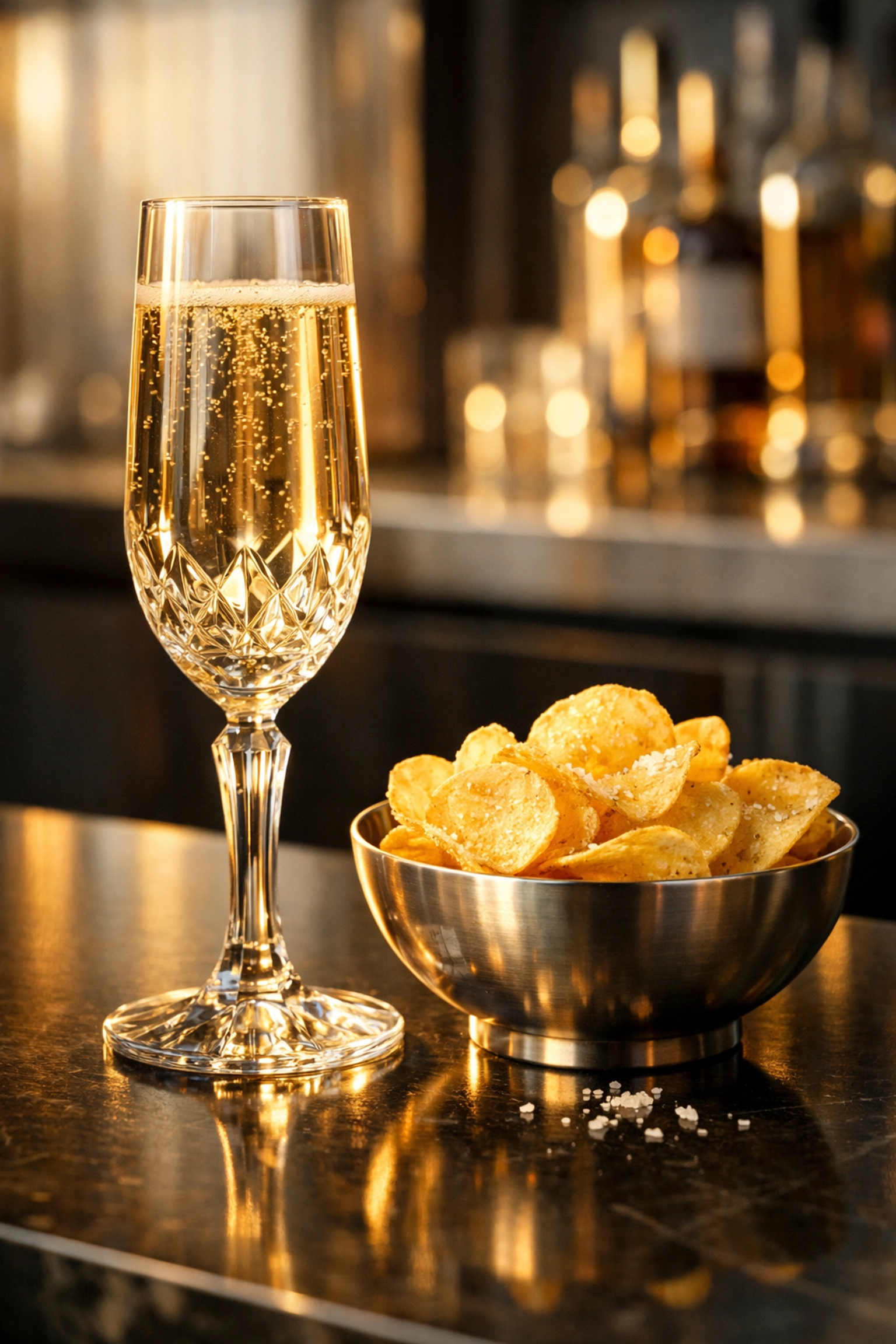 A gourmet pairing of sparkling champagne and crispy sea-salt potato chips served at a luxury bar.