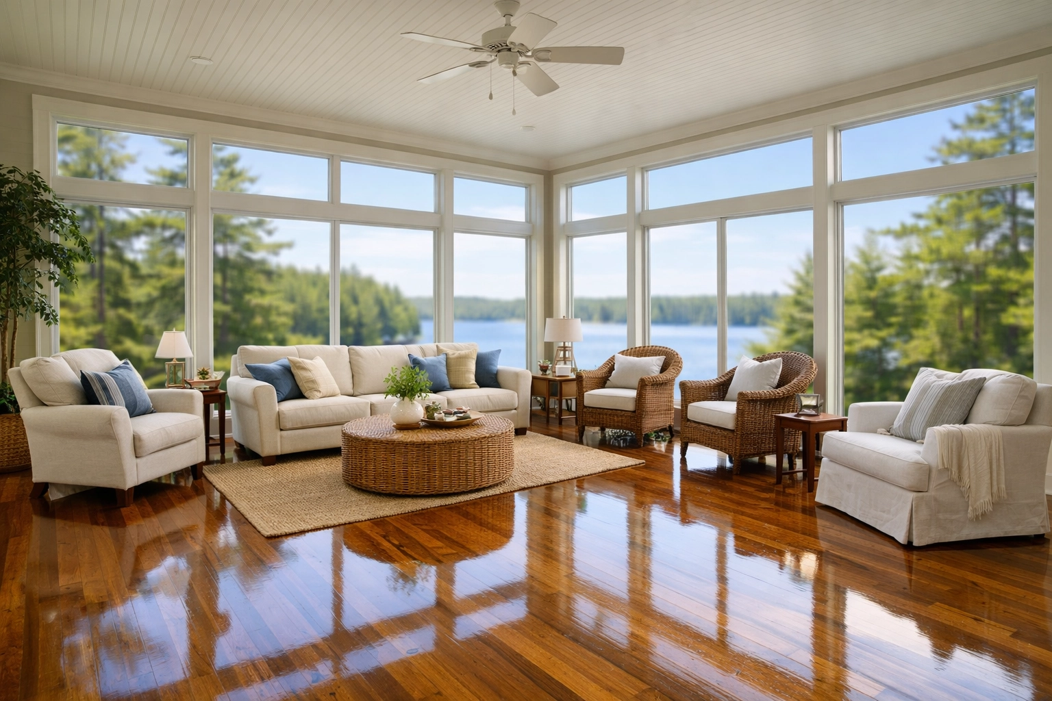 Gleaming hardwood floors in a sunroom overlooking a Lunenburg lake, cleaned with green products.