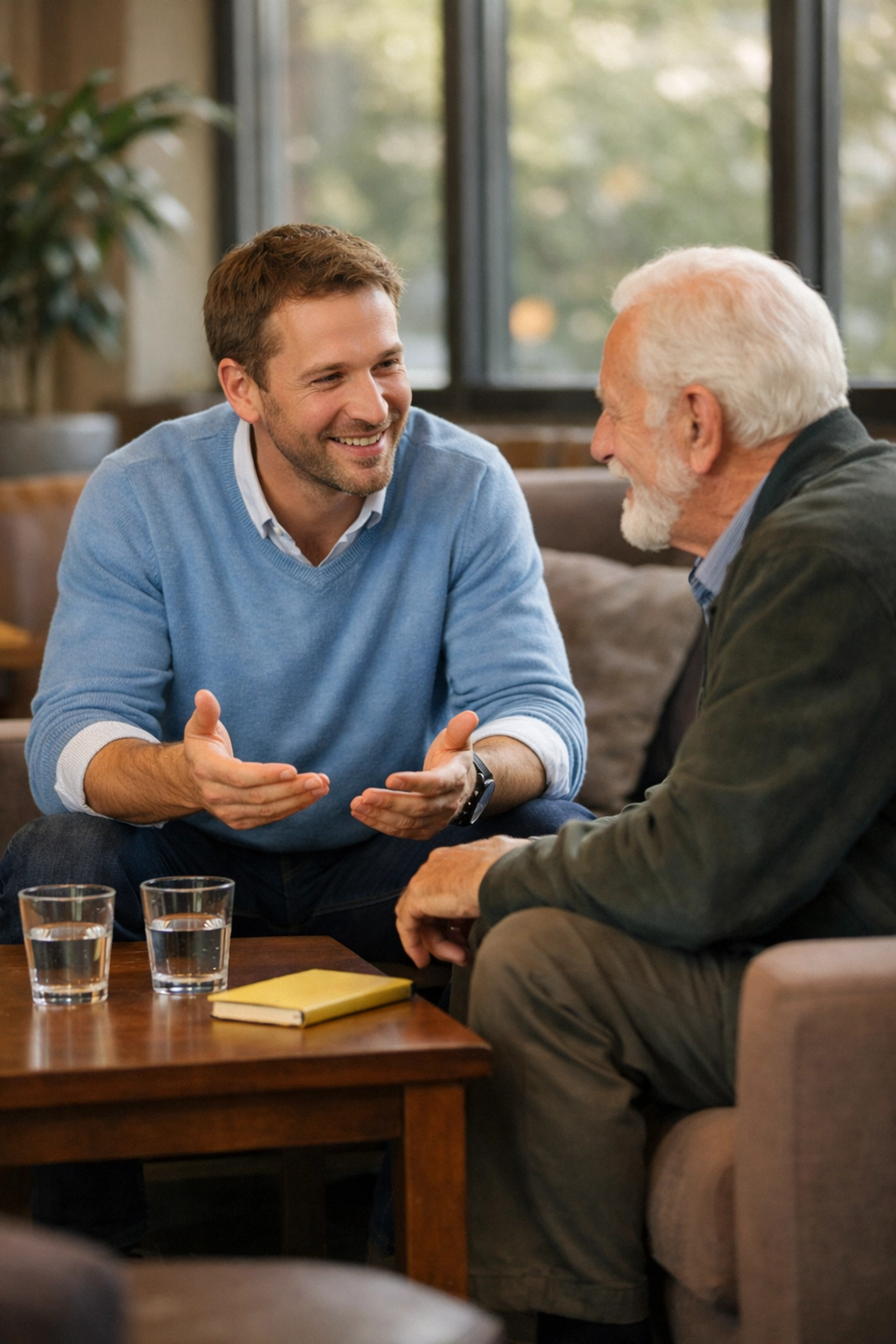 A fundraiser having an engaging personal conversation with a donor to build a relationship.