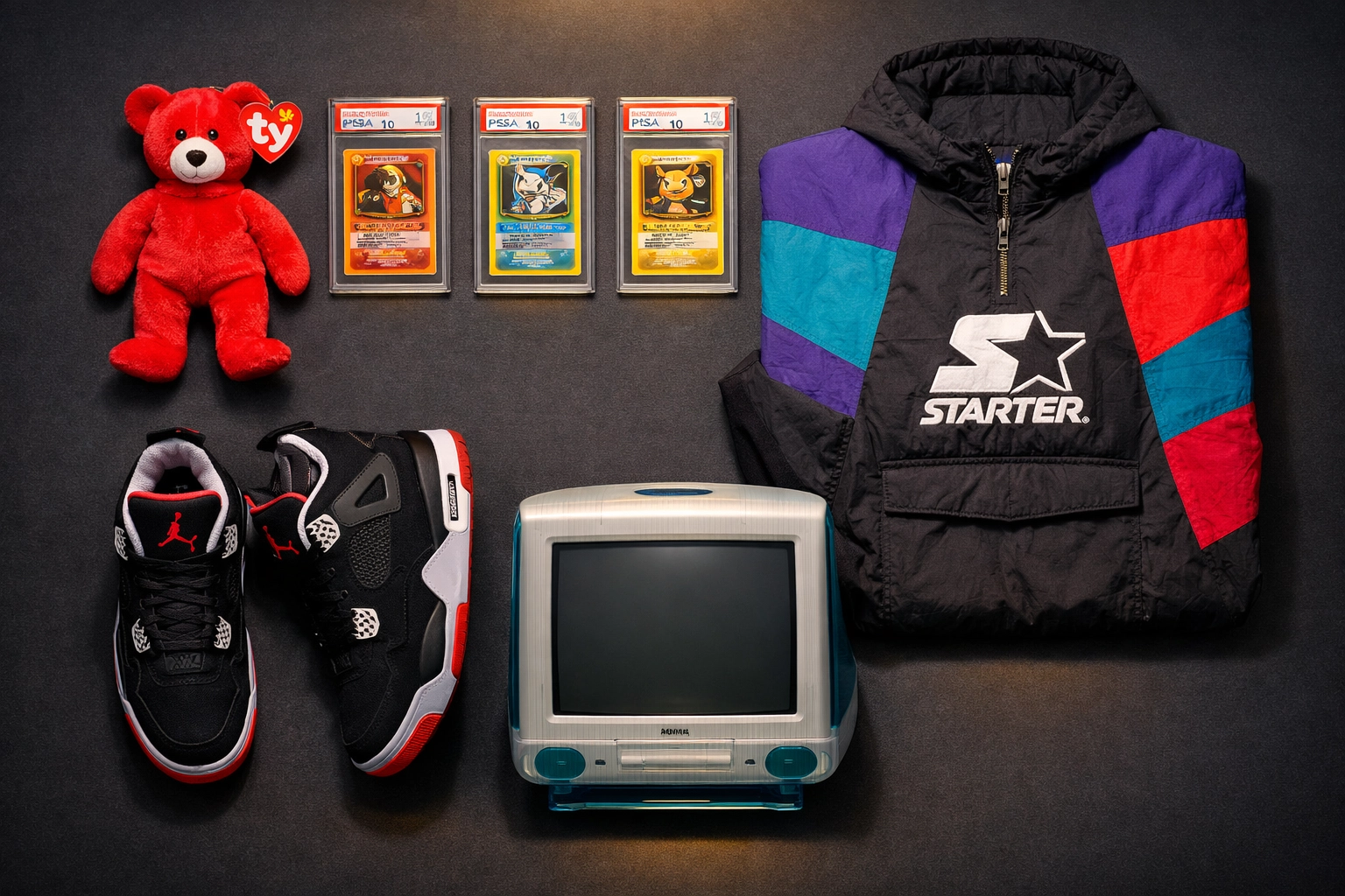 Collection of valuable 90s collectibles including Beanie Baby, Pokemon cards, Starter jacket, and Air Jordans