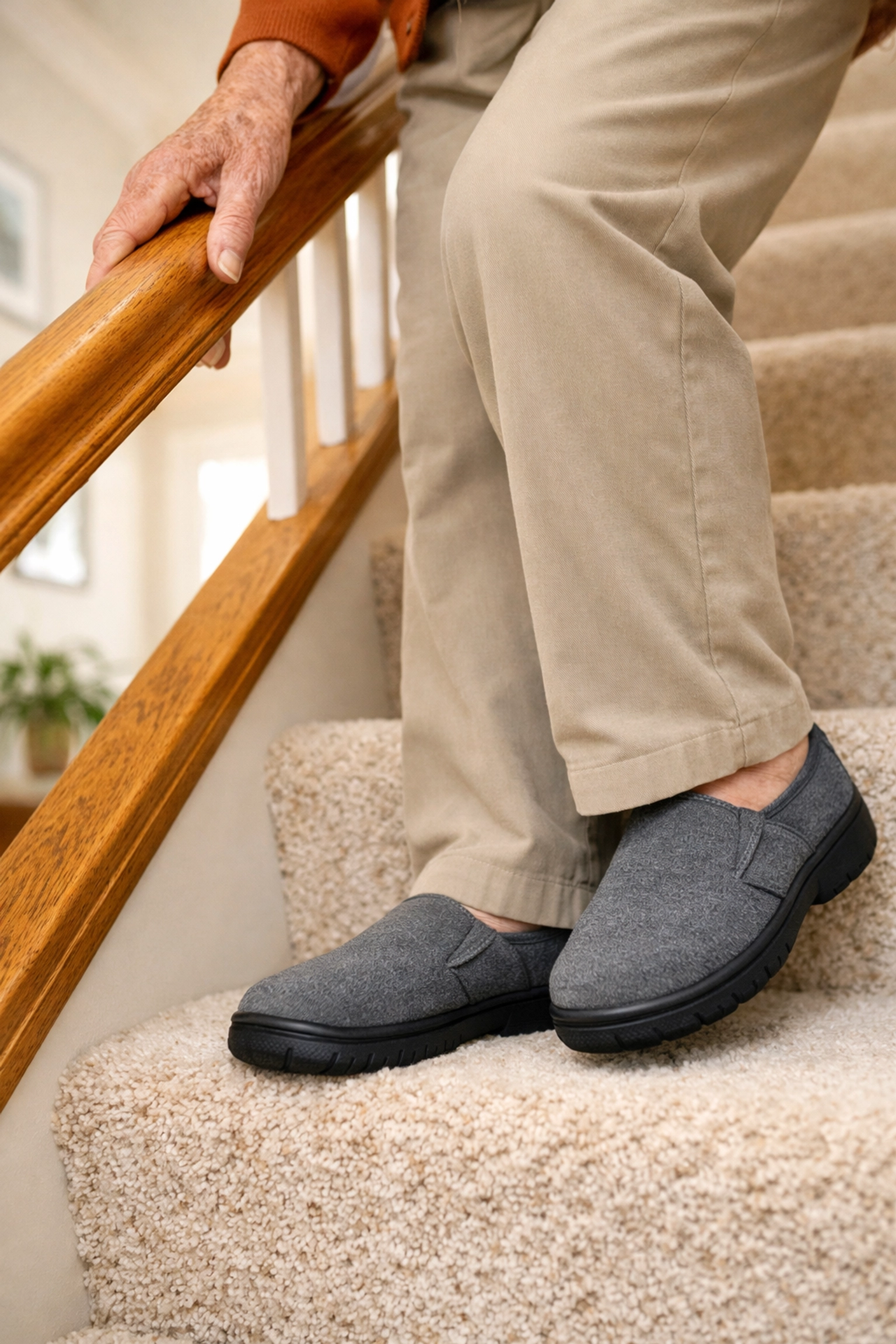 A person wearing supportive rubber-soled shoes using a handrail while carefully descending stairs.