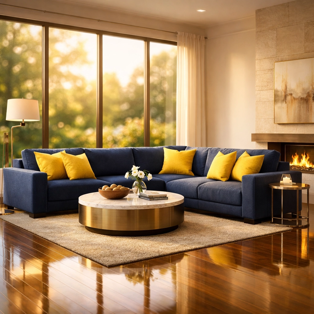 Spotless modern living room showing the peace of mind from expert house cleaning services.