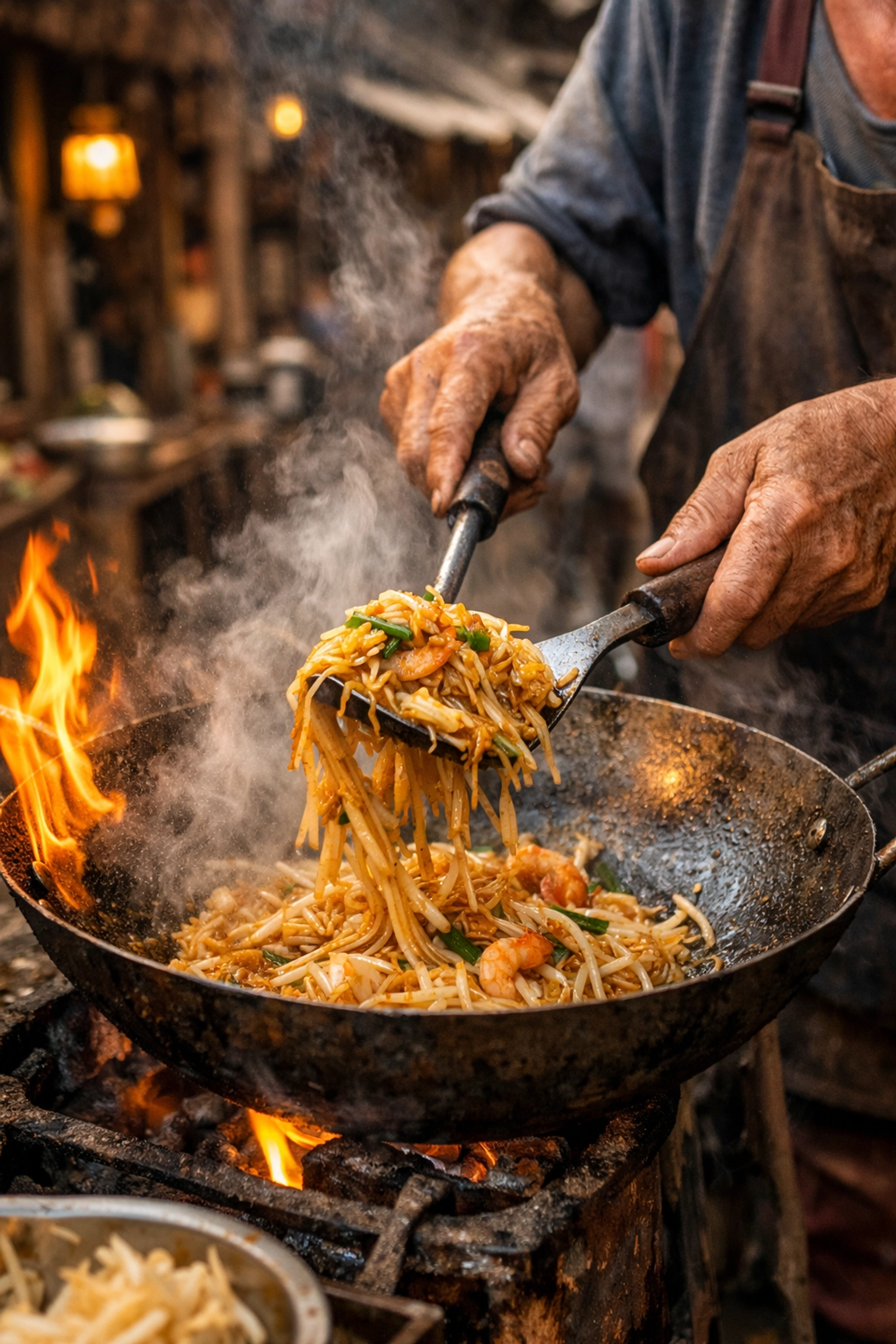 A local vendor cooking authentic Pad Thai in a flaming wok at a traditional Bangkok street food market.