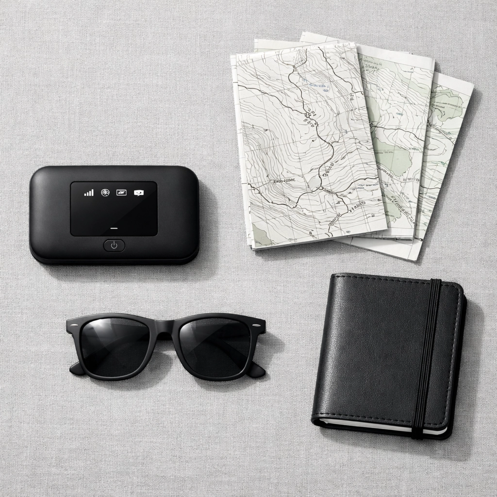 Travel wifi essentials flat-lay featuring a sleek portable hotspot and maps for off-grid trip planning.