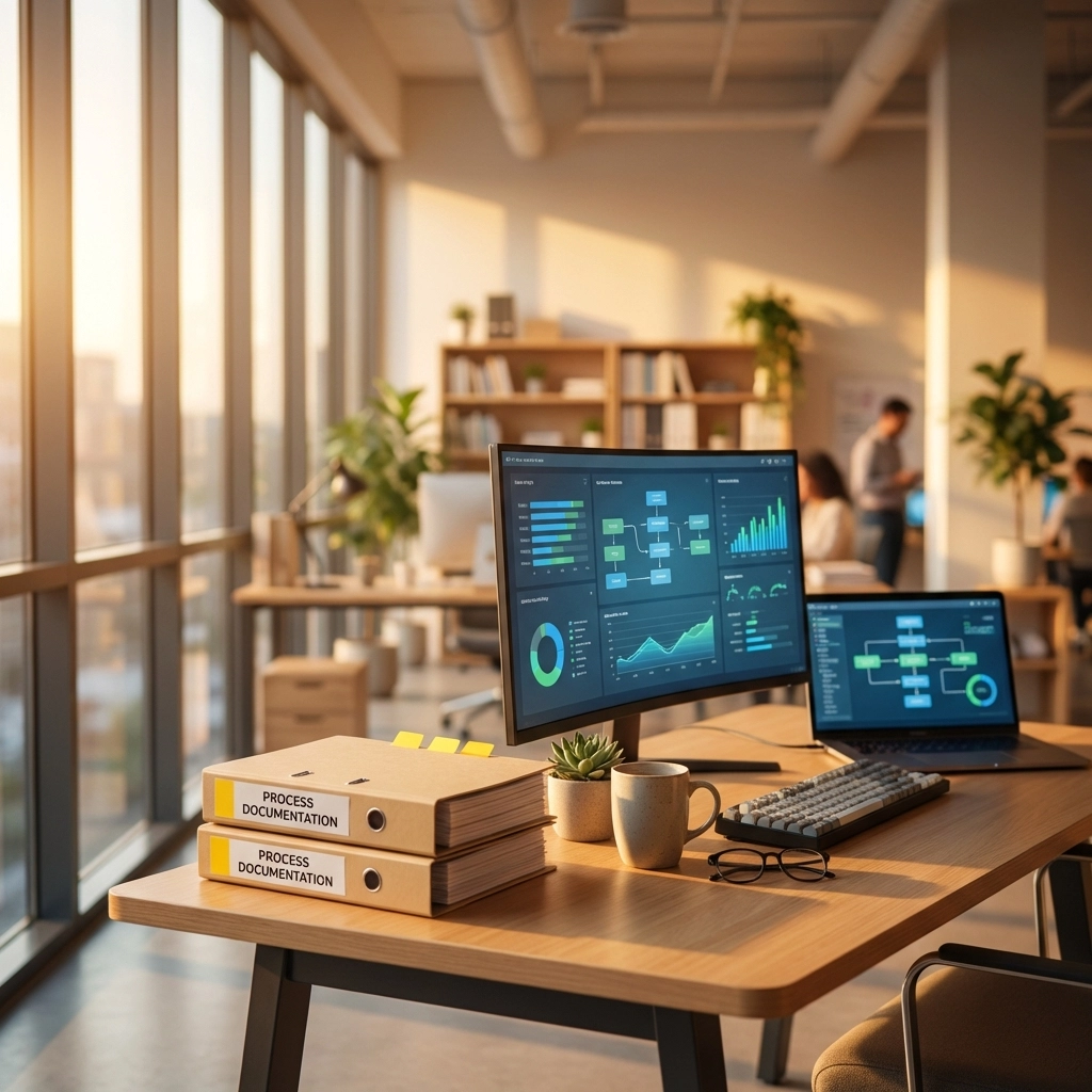 Organized MSP office workspace with process documentation and dashboards at sunset, illustrating scalable business systems
