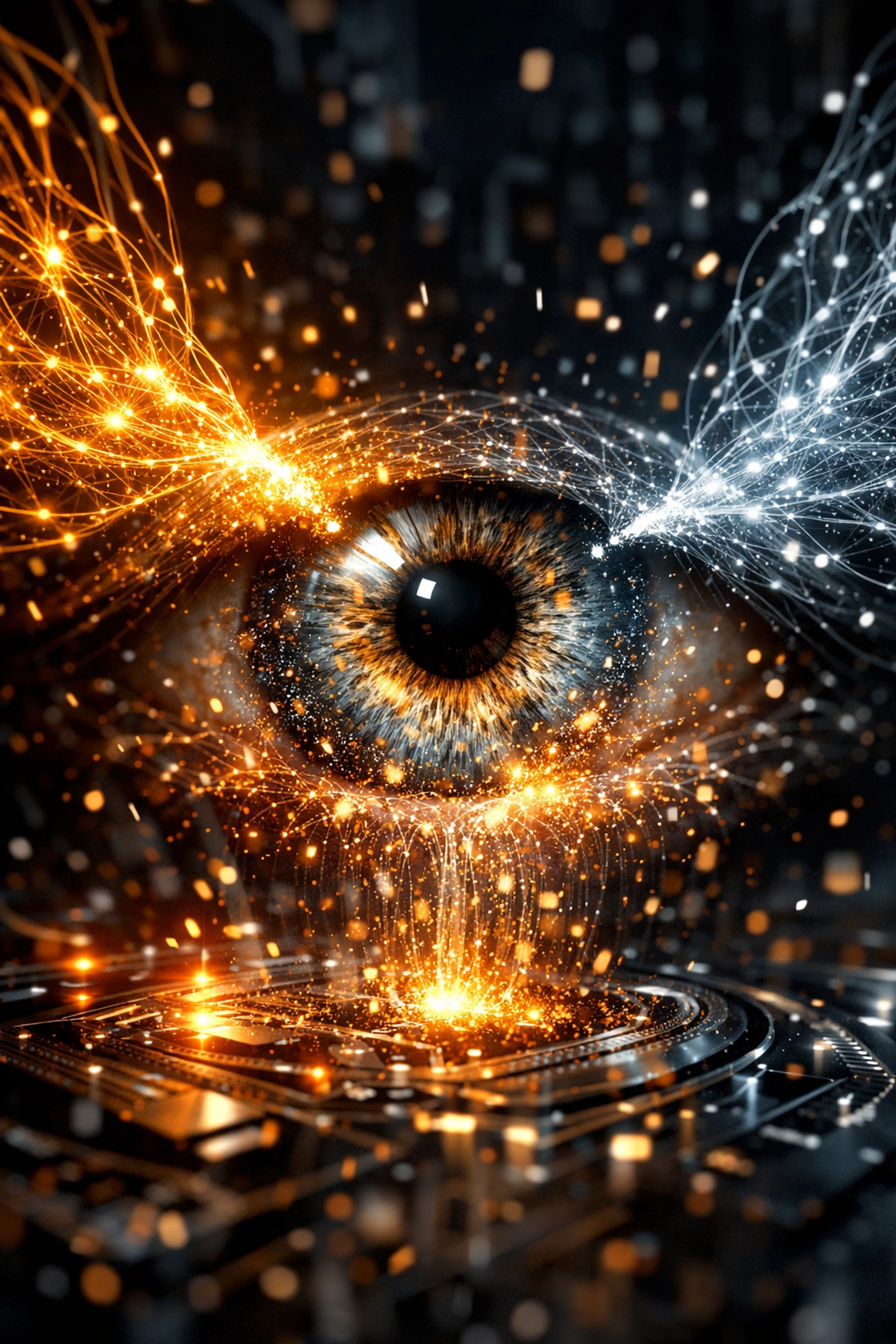 Glowing AI neural networks creating a realistic human eye, depicting the tech behind deepfake science fiction.