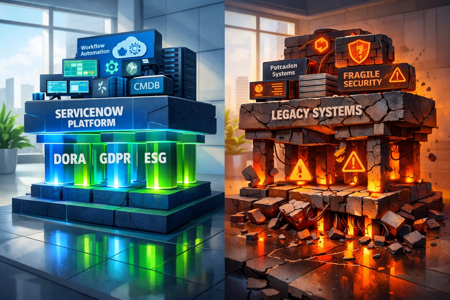 ServiceNow compliance architecture showing DORA and GDPR framework integration vs retrofitting