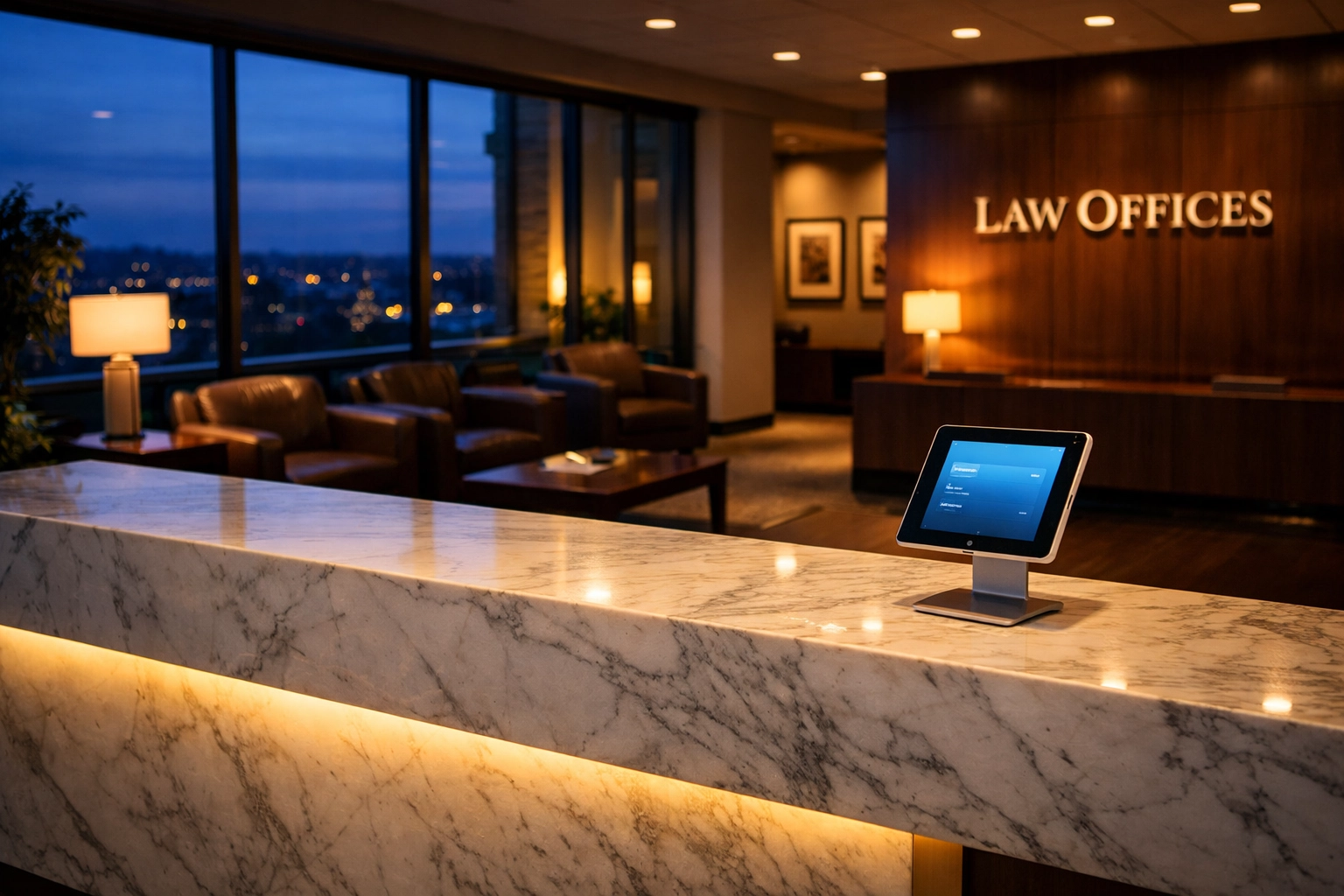 Modern law firm reception desk with tablet showing virtual receptionist technology after hours