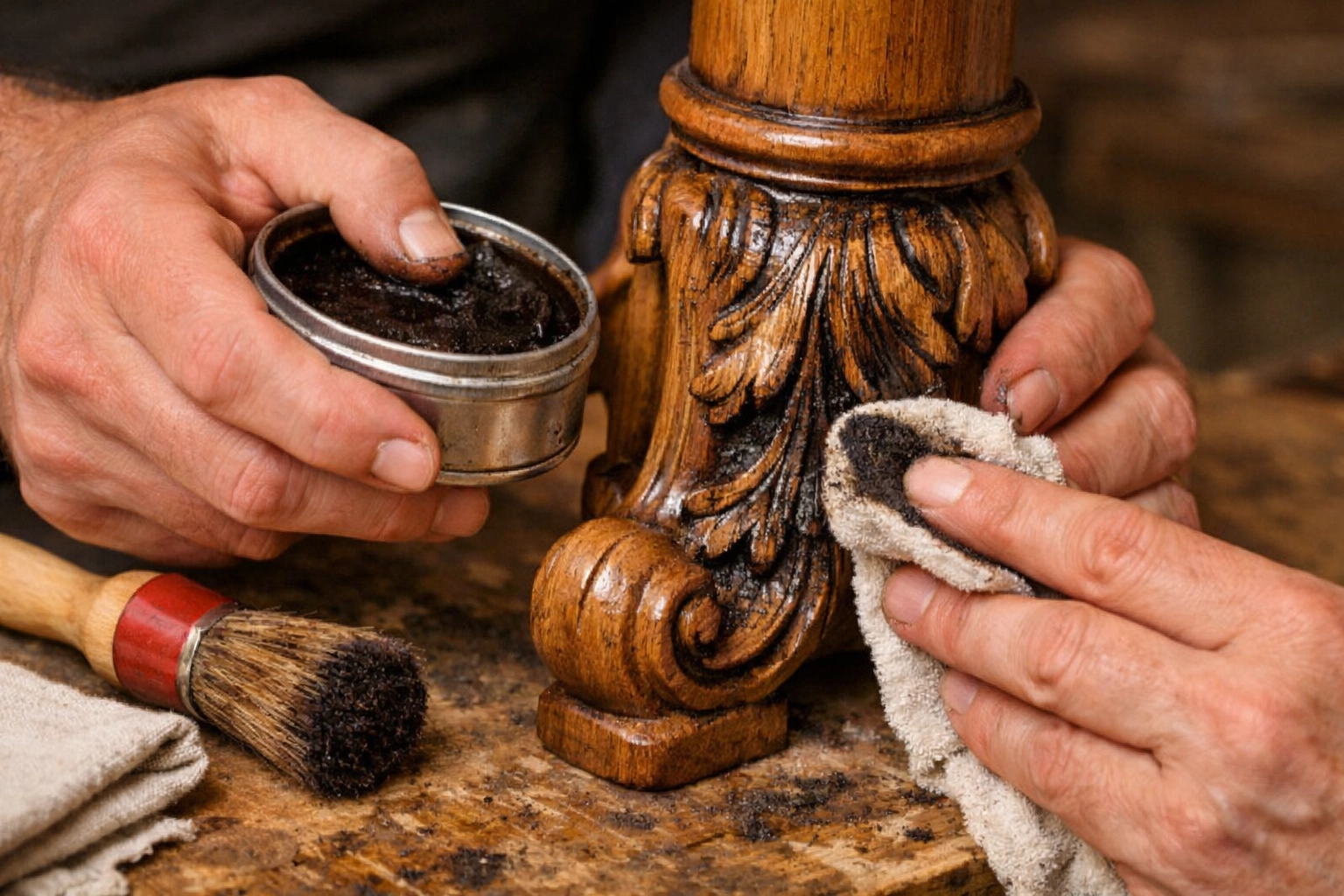 Artisan applying dark furniture wax to highlight ornate wood carvings on a table leg.