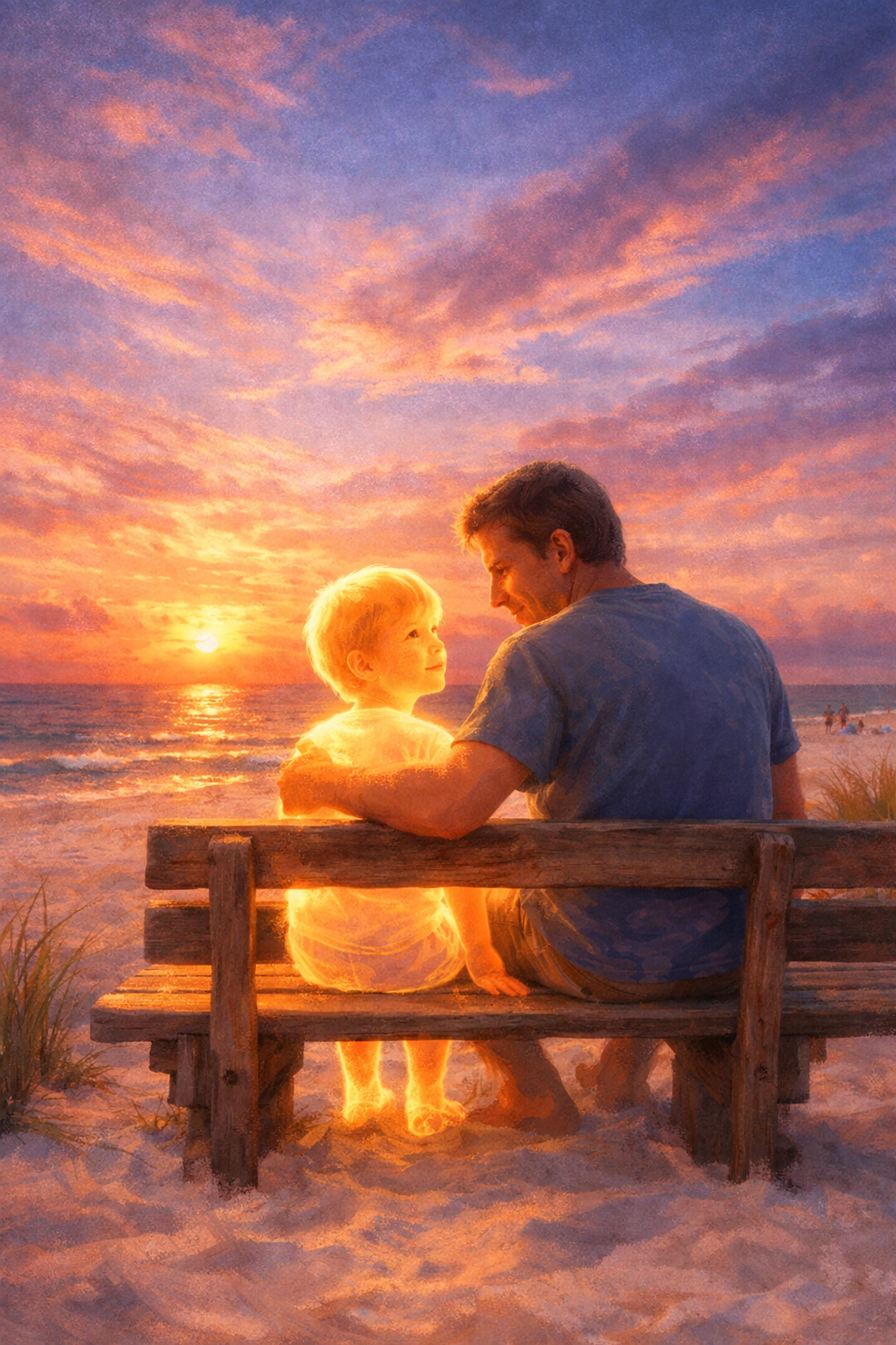 Adult sitting with their younger self on a Sarasota beach, representing reparenting and healing an abandonment wound.