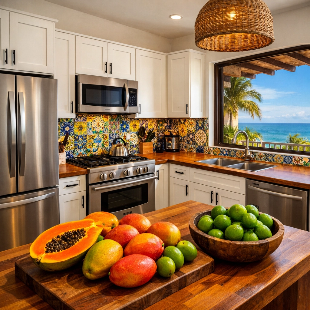 Modern condo kitchen with Mexican tiles and ocean views in Puerto Vallarta